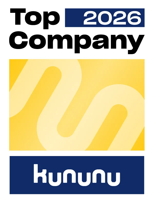 Top Company 2026 Auszeichnung von kununu mit gelbem Musterhintergrund und blauem kununu-Logo.