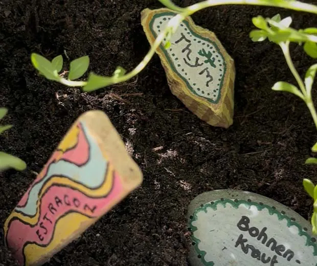 DIY-Anleitung Pflanz- und Kräuterschilder aus Steinen basteln.