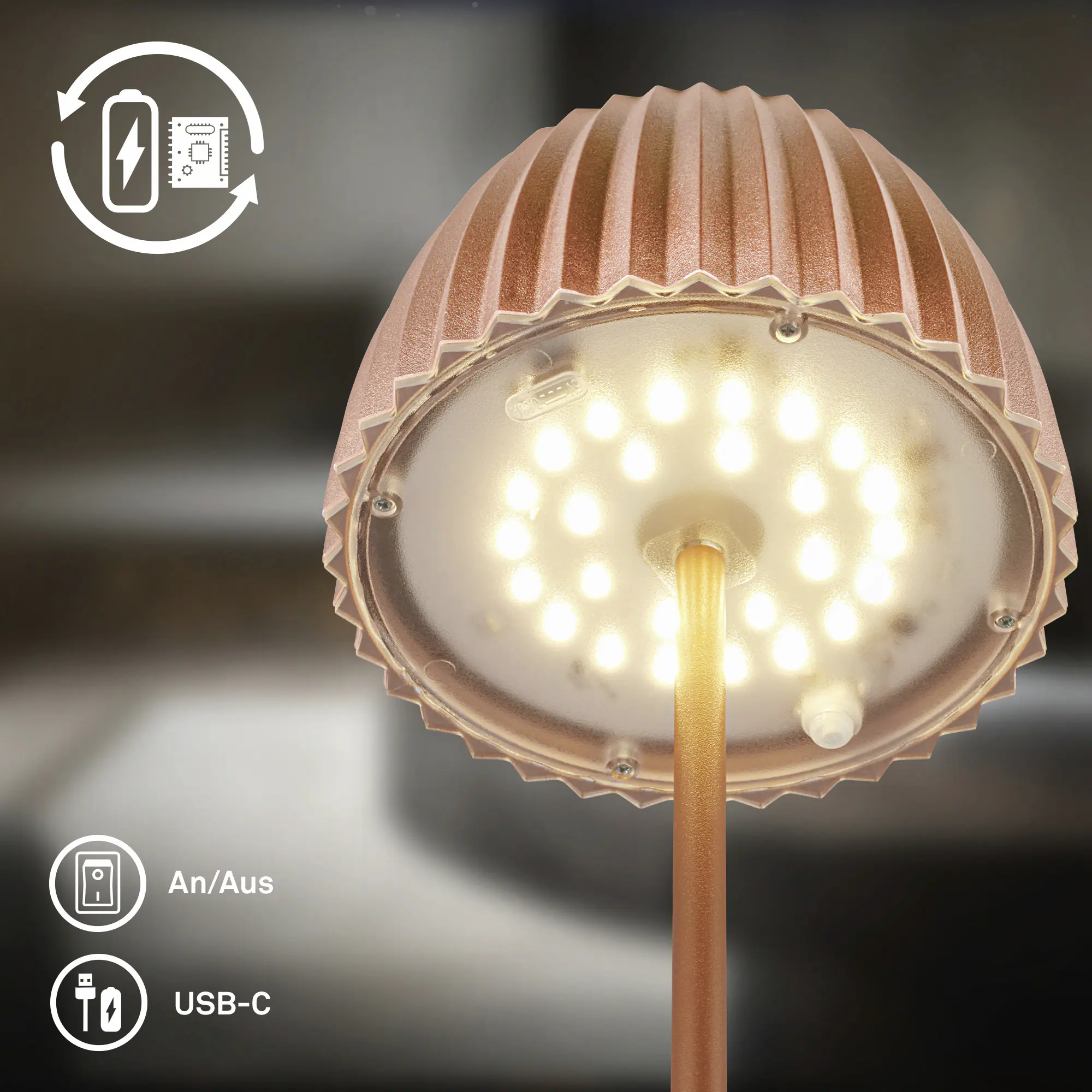 Briloner LED-Tischleuchte Riffle mit Akku kupfer dimmbar