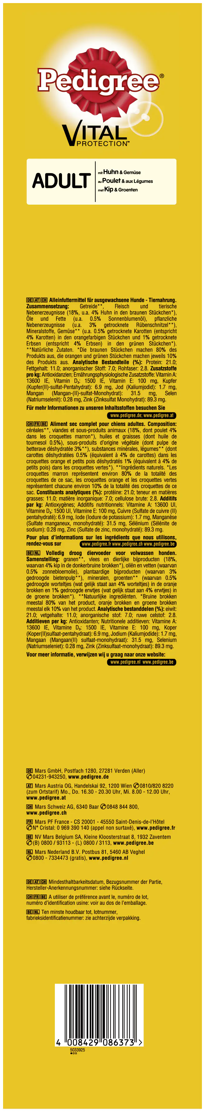 Pedigree Hundetrockenfutter Adult 15 kg Huhn & Gemüse 