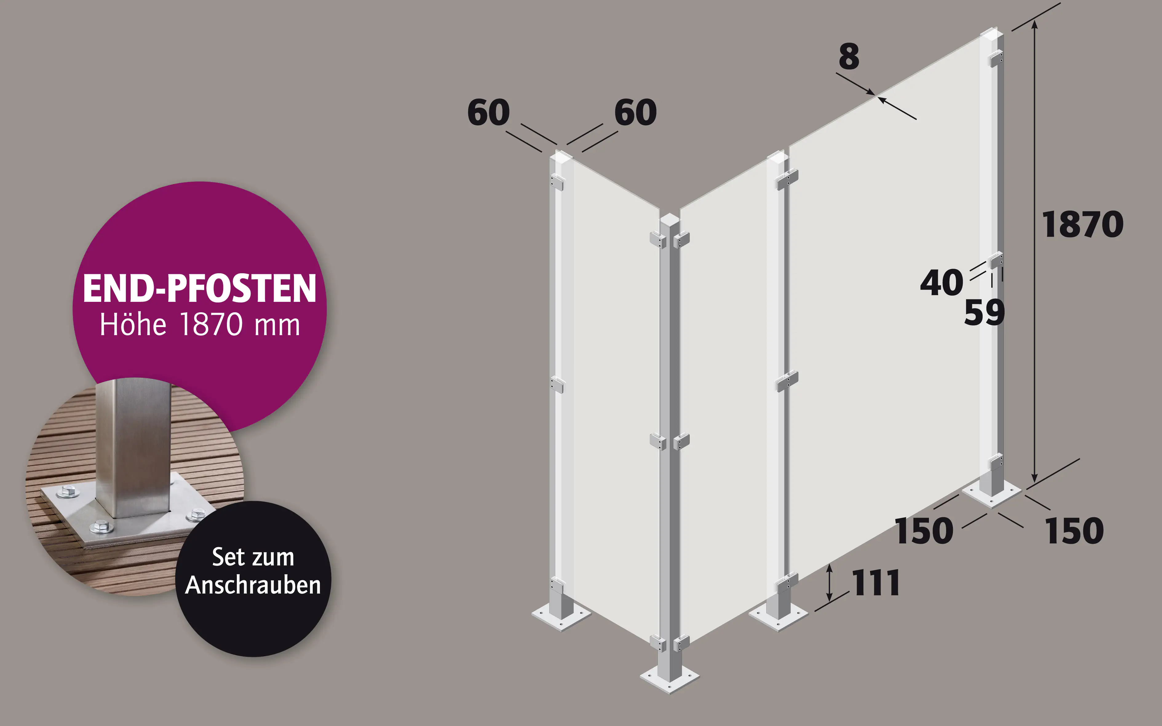 Ambiente Endpfosten-Set zum ANSCHRAUBEN 187 cm, 60 x 60 mm, Edelstahl V2A