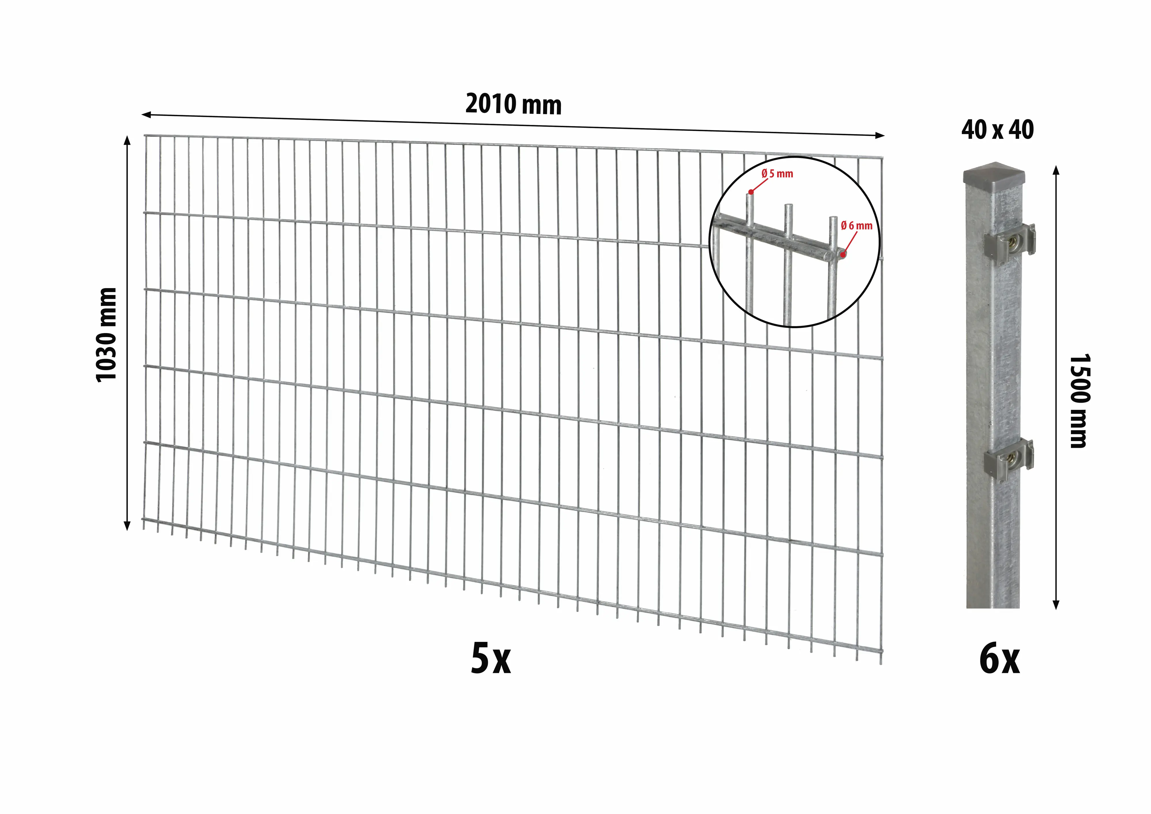 Floraworld Doppelstabmatten-Zaun Set Comfort 10 m 201 x 103 cm inkl. 6 Pfosten 150 cm feuerverzinkt