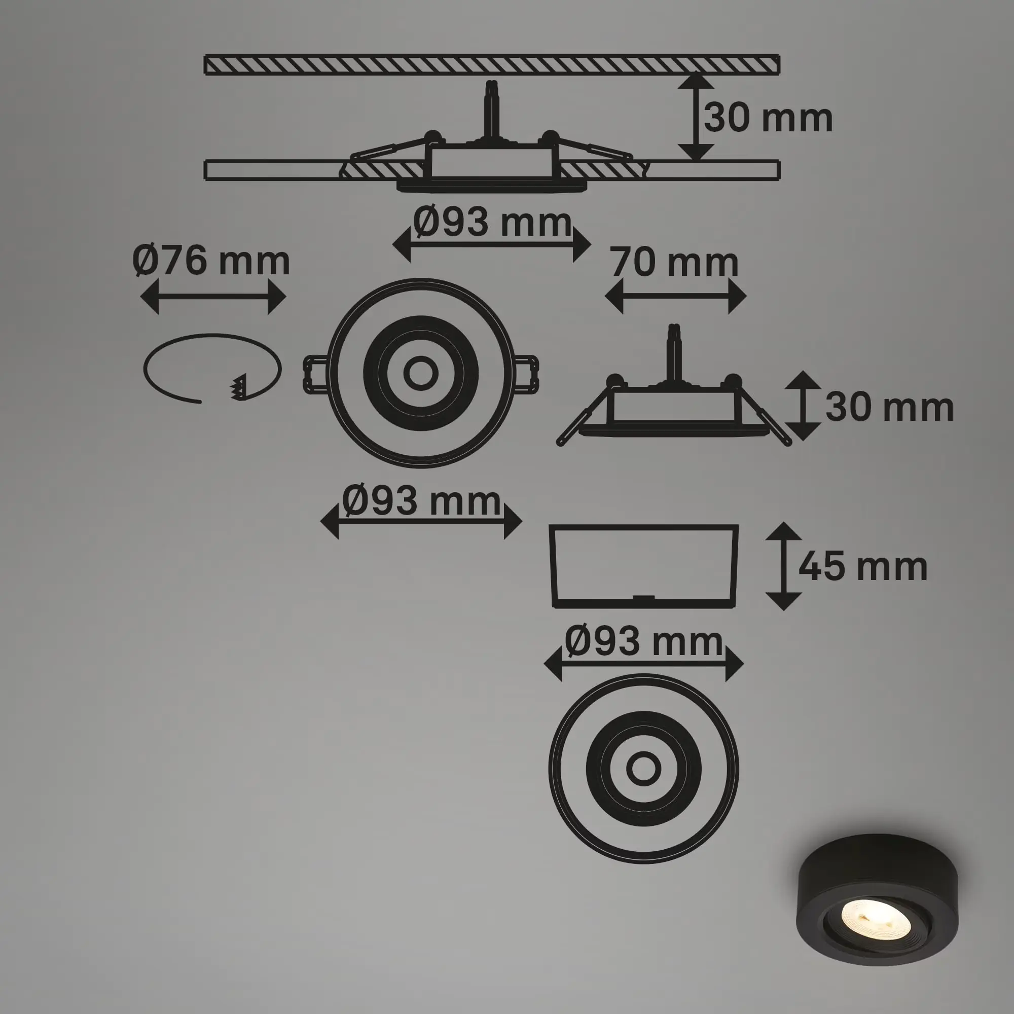 Briloner LED-Aufbau und Einbauleuchte 2in1 Mini Ein-& Aufbau 9W 500lm schwarz dimmbar