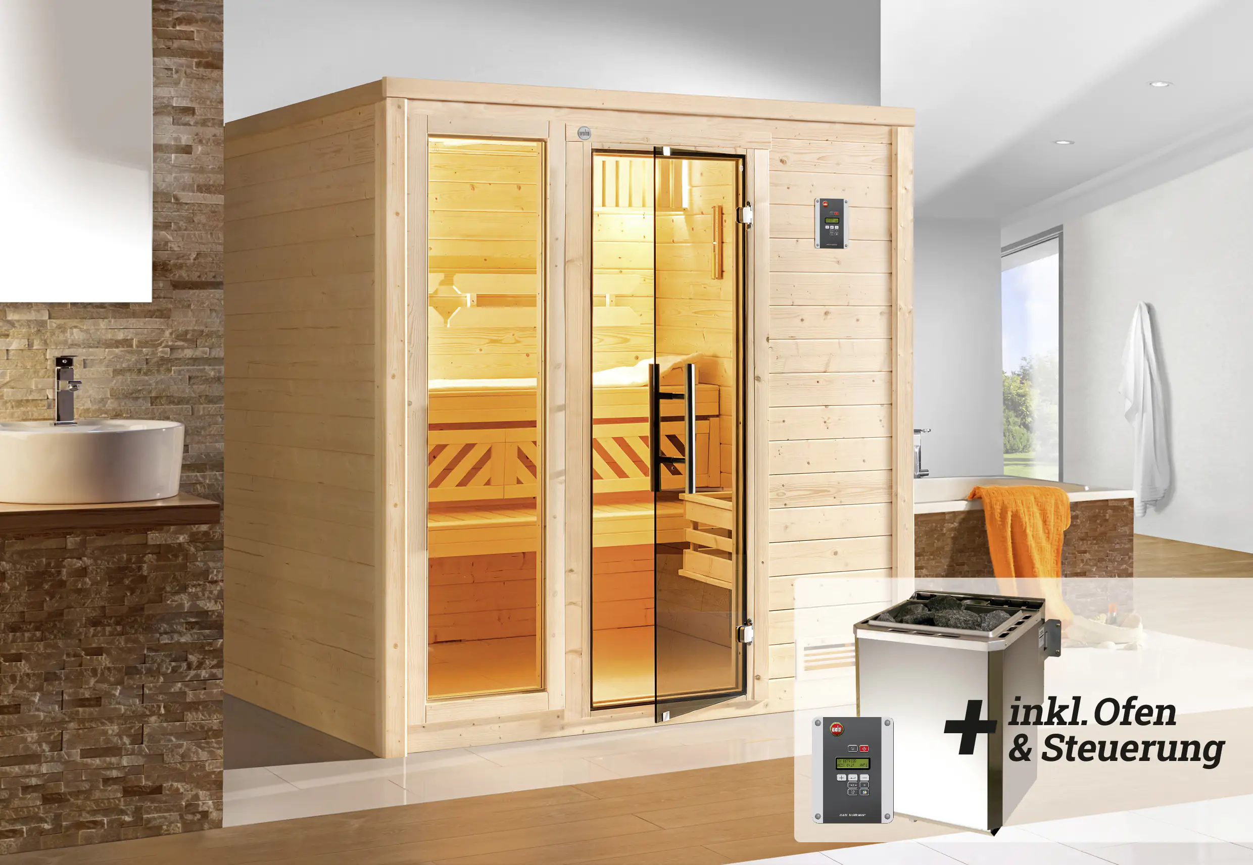 Weka Premium Massivholz-Sauna Bergen Gr. 2 Sparset 7,5 kW BioS