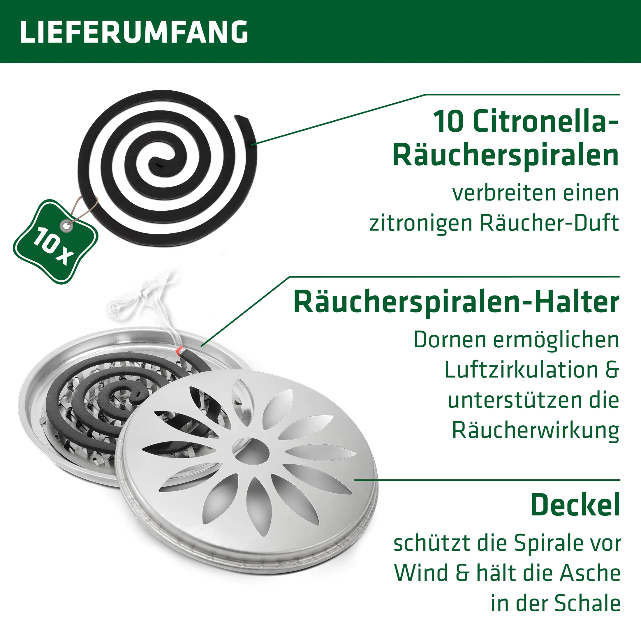 Gardigo Citronella-Räucher Set Räucherspirale mit Räucherschale