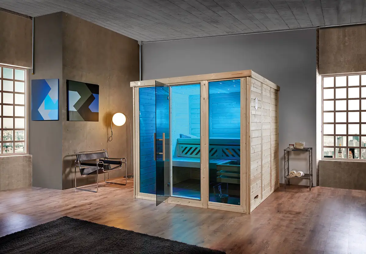 Weka Massivholz-Elementsauna Kemi Panorama 2 mit Glastür, 2 Fenstern und Saunaofen