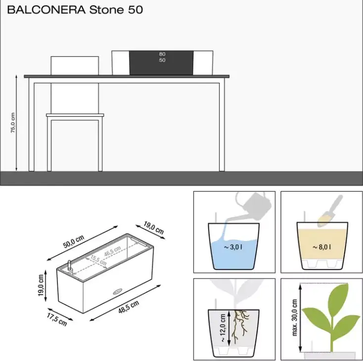Lechuza Balkonkasten Balconera Stone 80 steingrau