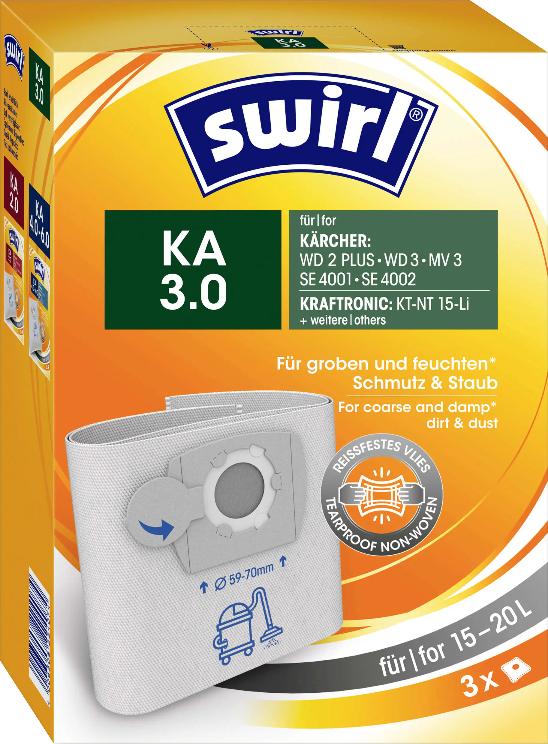 Swirl KA 3.0 Staubbeutel für Nass-Trockensauger, Kärcher/Shop-Vac 3 Stück
