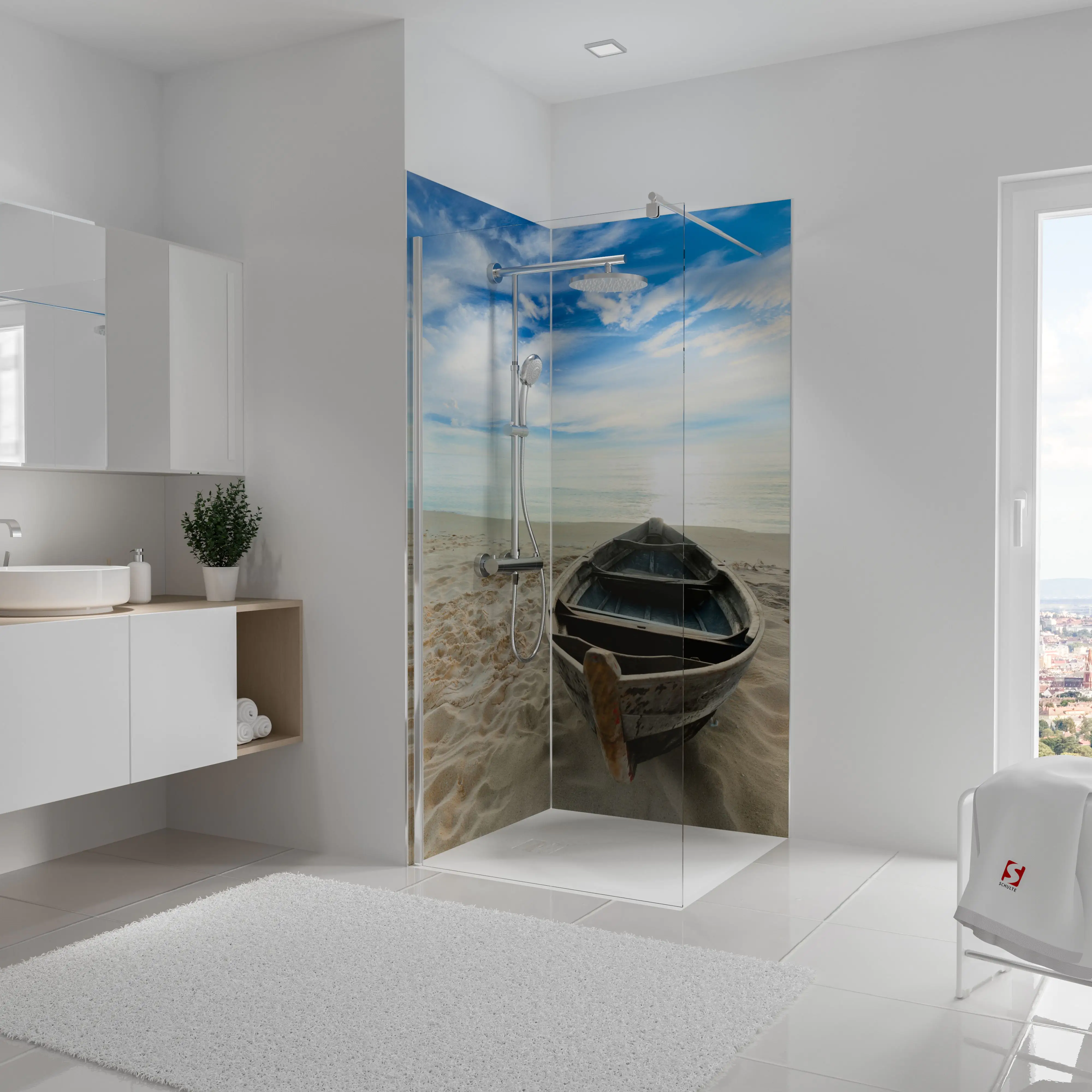 Schulte Dusch-Rückwand Eck Ruderboot am Strand je 90 x 210 cm
