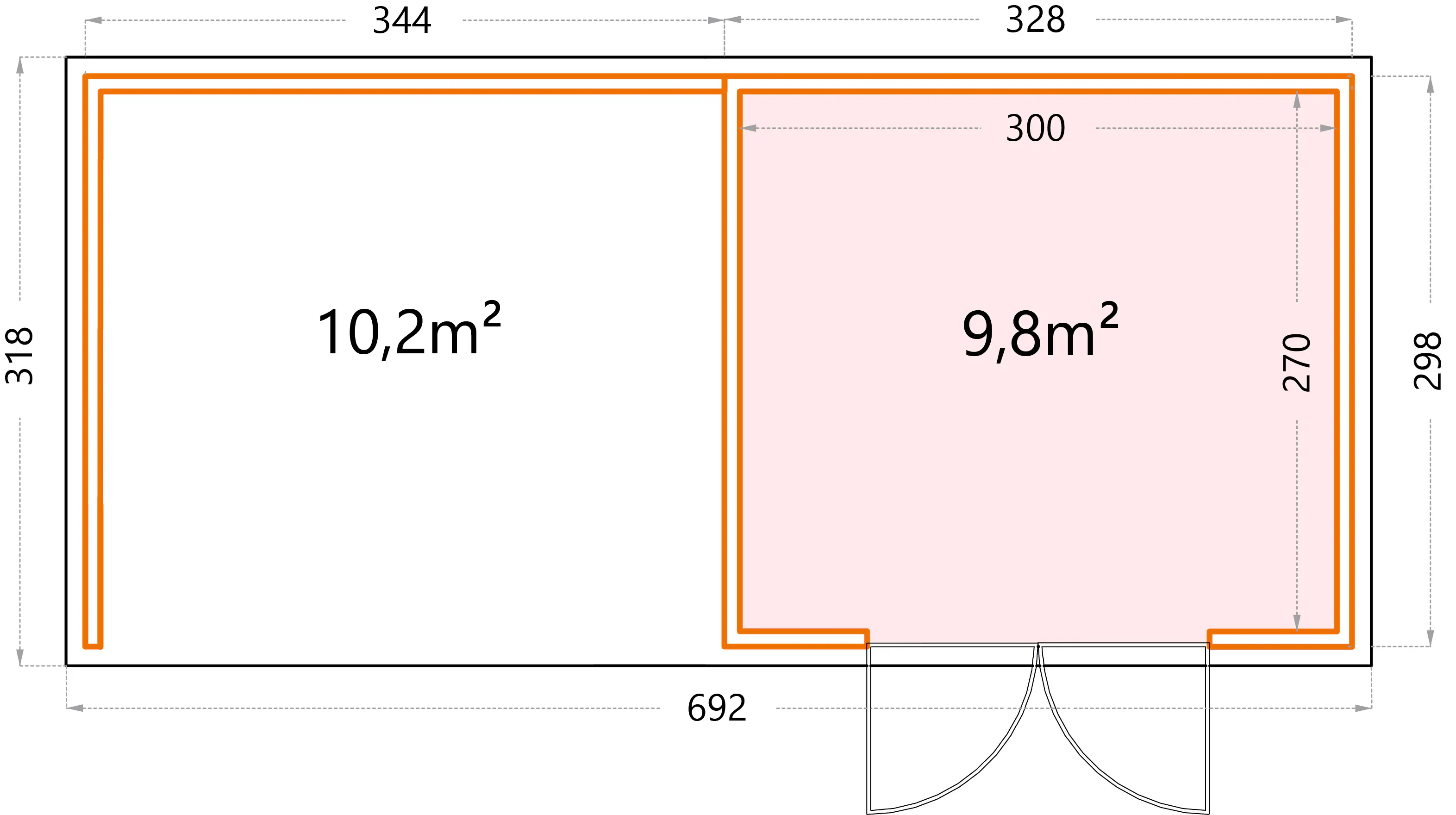 Telluria Gerätehaus Classico Lounge L 3330 links EW weiß 672 x 298 cm