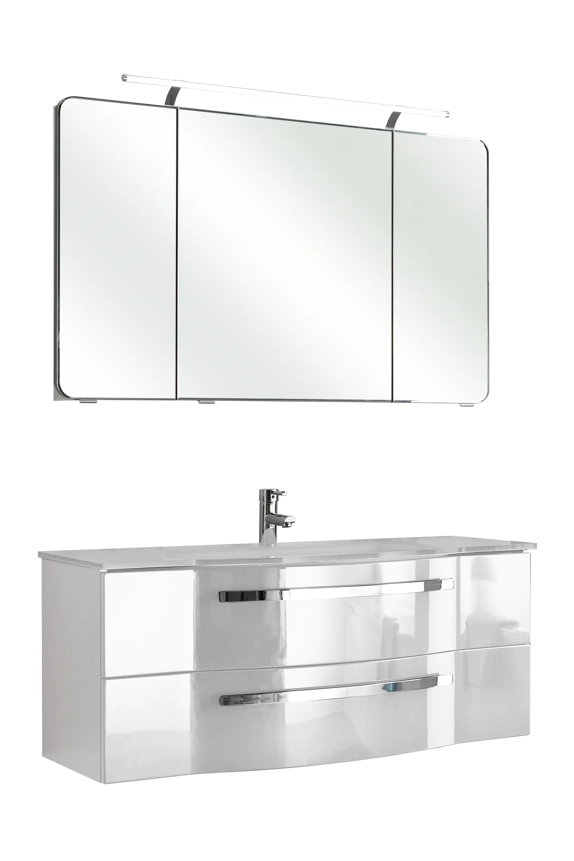Pelipal Badmöbel-Set 4005 Lack polarweiß Hgl mit Glas-Waschtisch + LED-Leuchte 120 cm