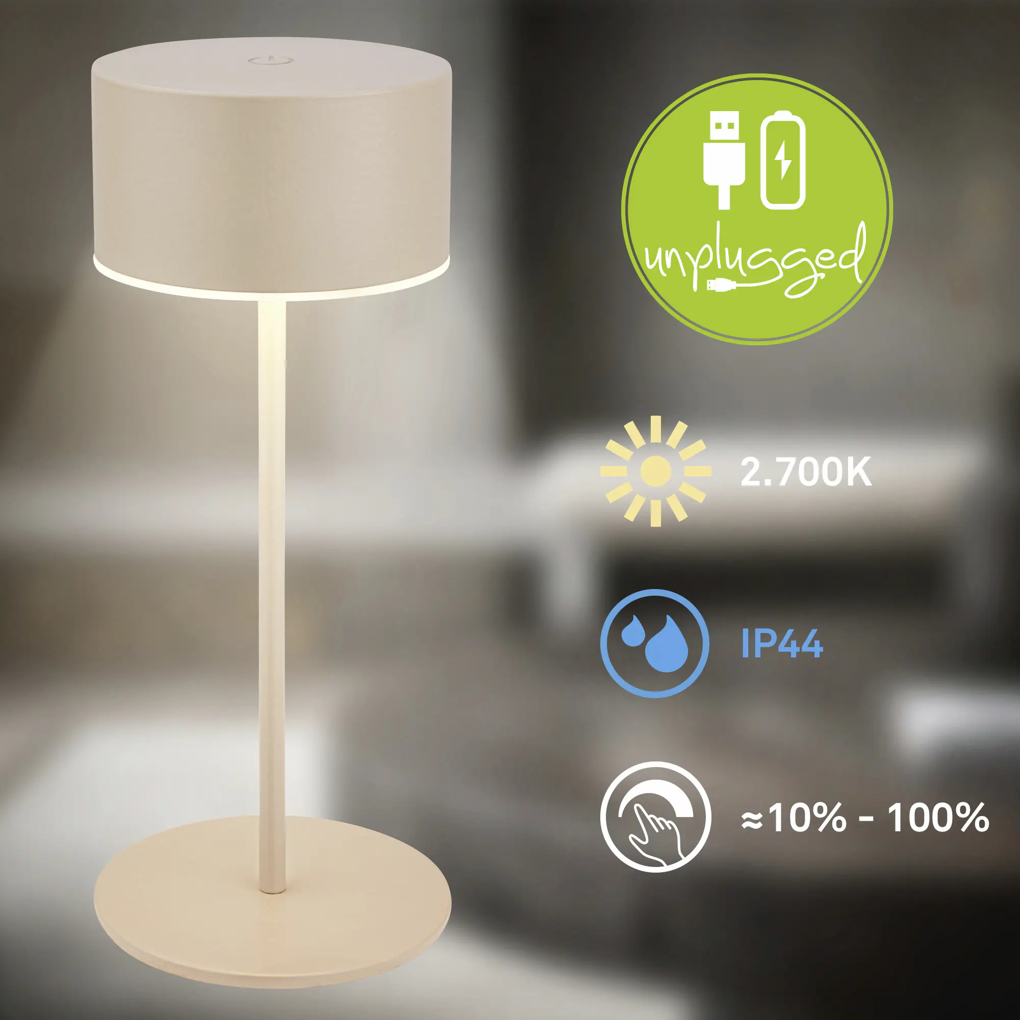 Briloner LED Akku-Tischleuchte Kira Ø 8 x 19 cm warmweiß beige dimmbar 