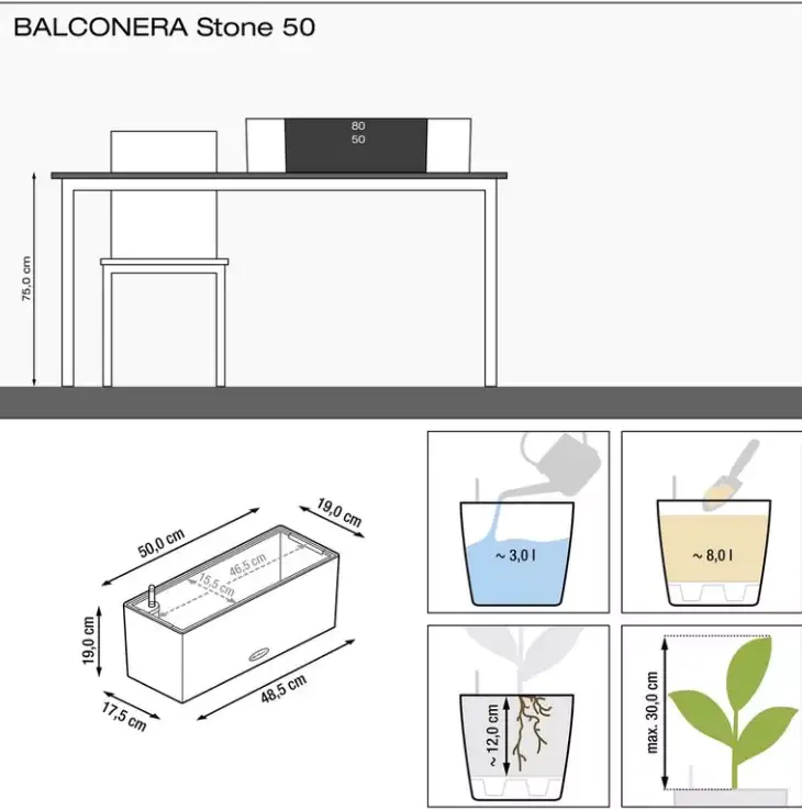 Lechuza Balkonkasten Balconera Stone 50 steingrau