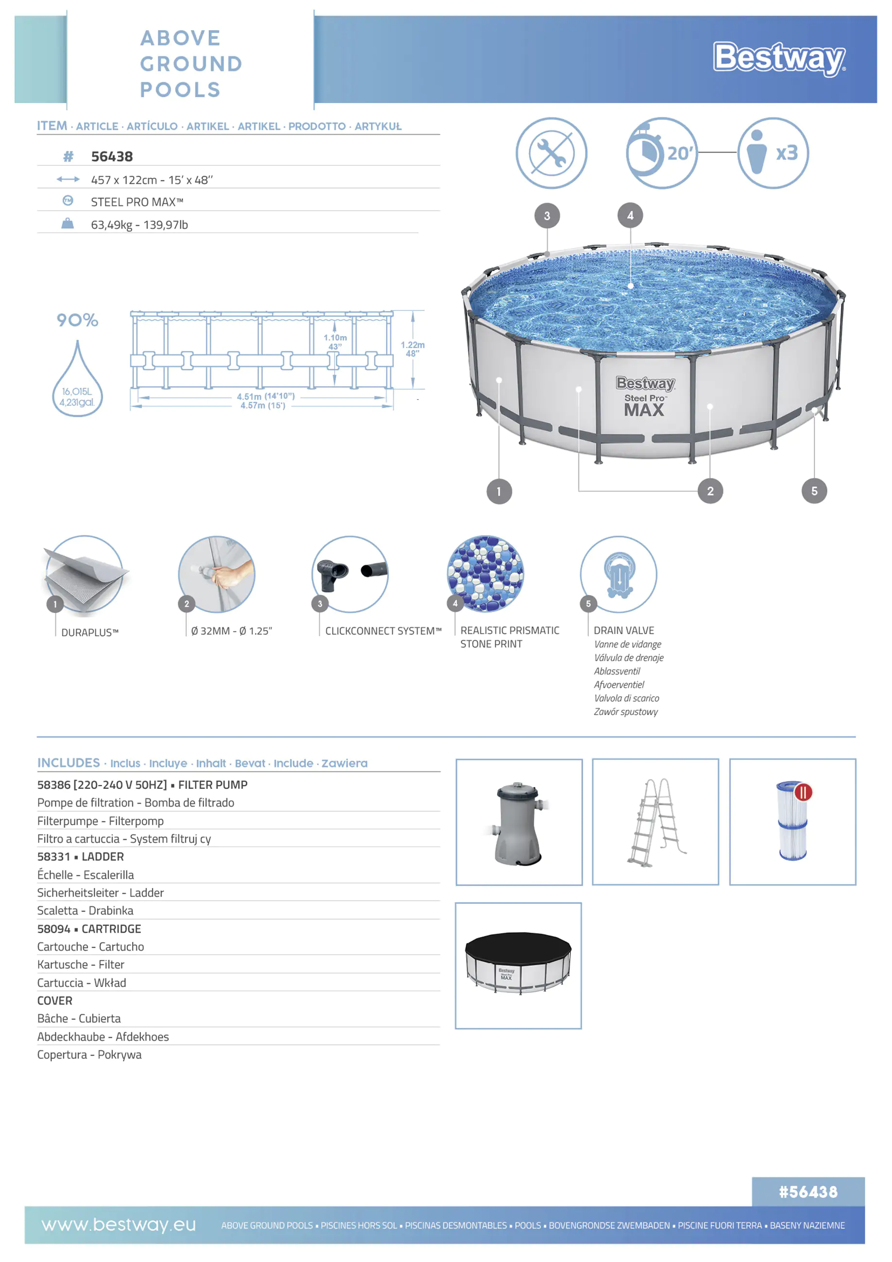 Bestway Steel Pro MAX Frame Pool Komplett-Set mit Filterpumpe Ø 457 x 122 cm, lichtgrau, rund