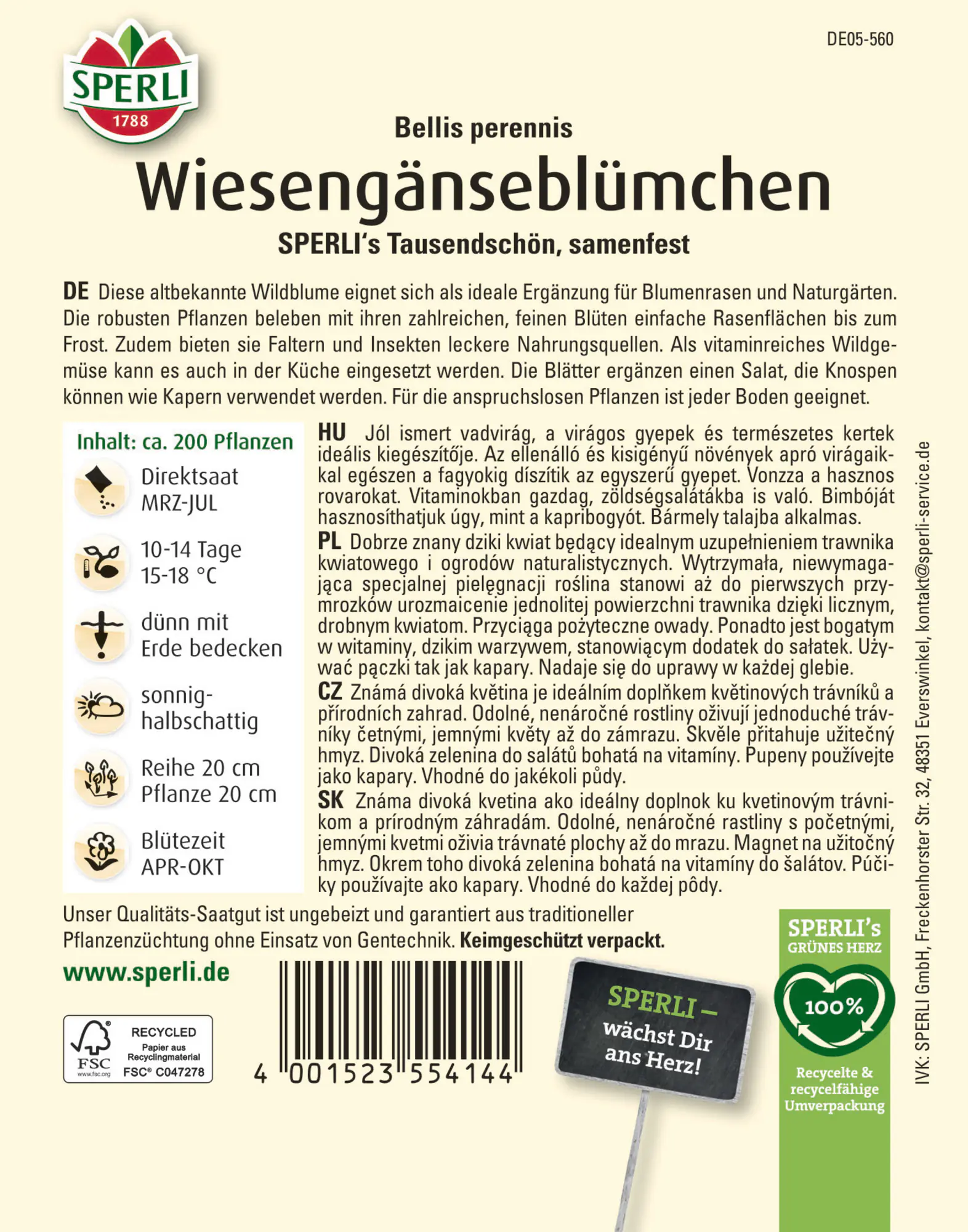 Sperli Saatgut Wiesengänseblümchen Tausendschön für ca. 1-2 m²