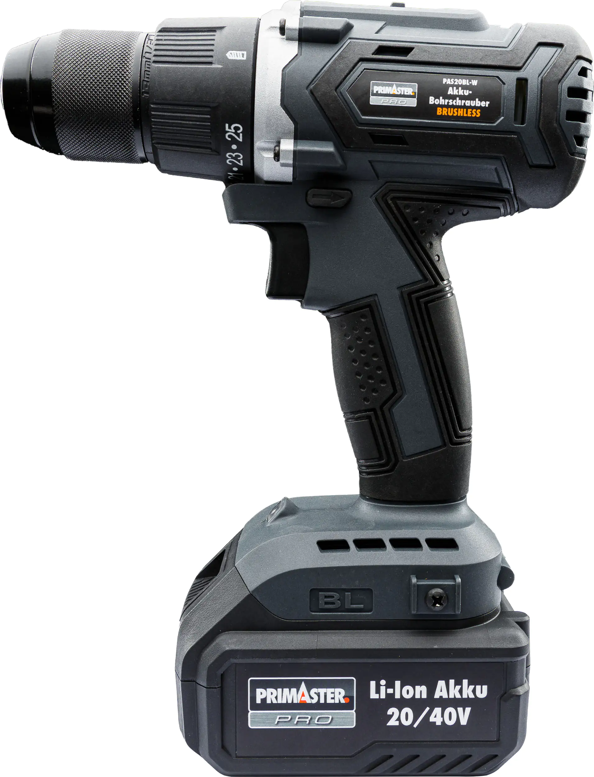 Primaster Pro Akku-Bohrschrauber PAS20BL-W 20 V mit 2 Akkus und Ladegerät