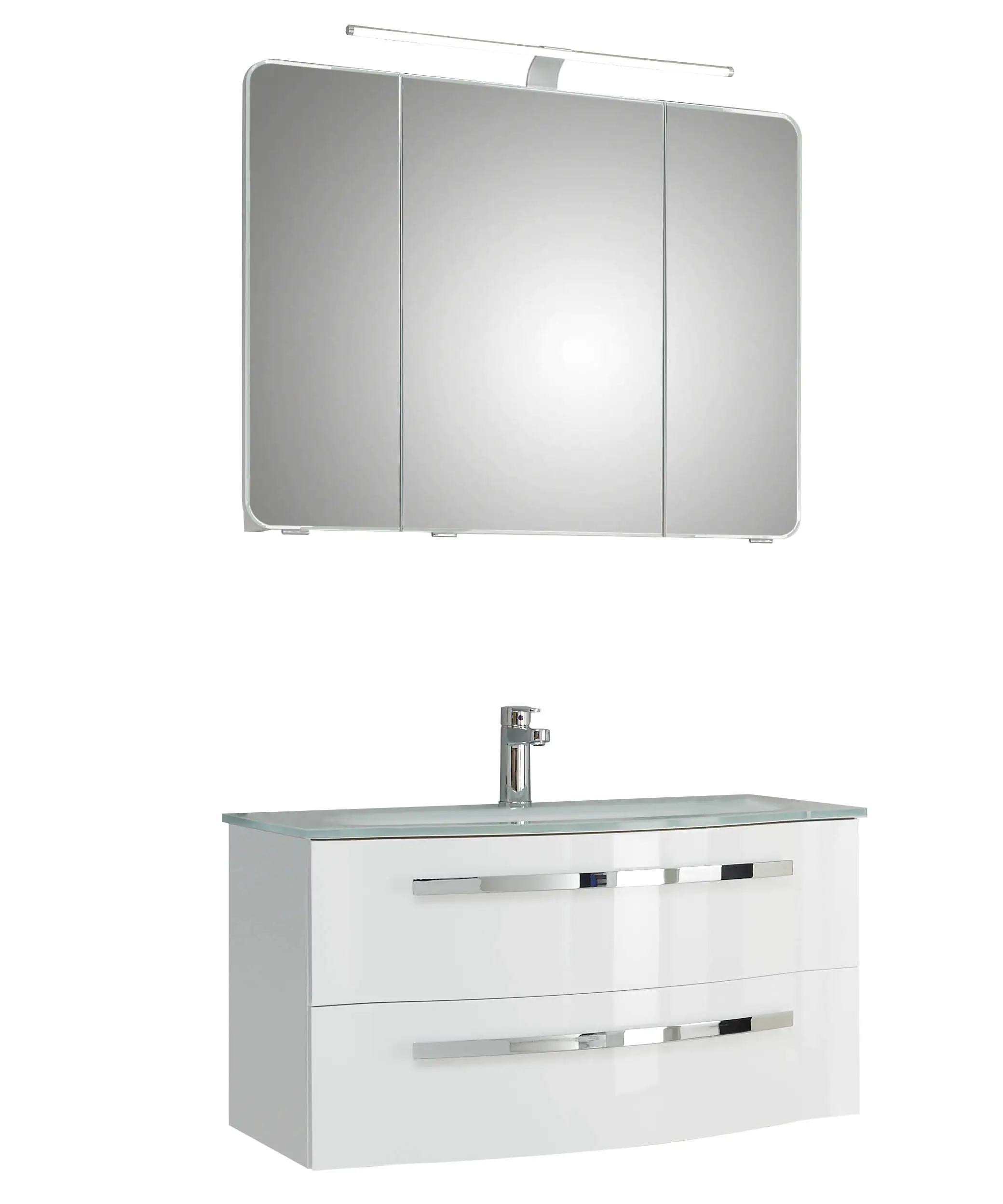 Pelipal Badmöbel-Set 4005 Lack polarweiß Hgl mit Glas-Waschtisch + LED-Leuchte 92 cm