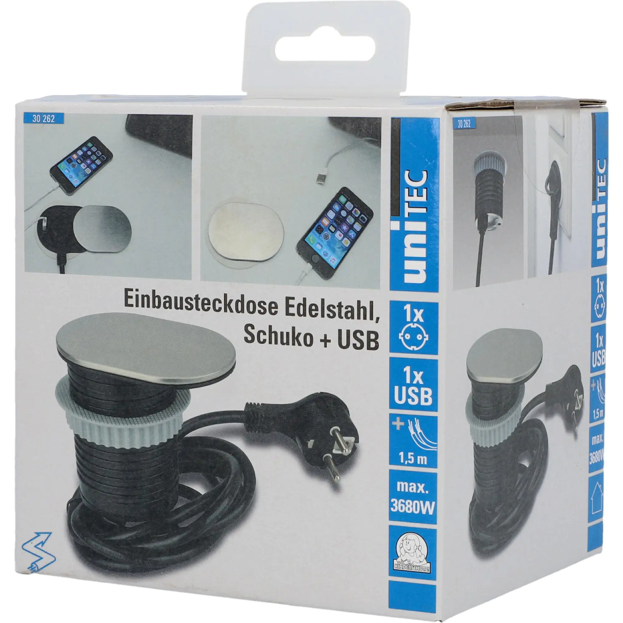 Unitec Einbausteckdosenleiste 1-Fach 1,5m mit USB, H05VV-F3 G1,5 mm, stahl
