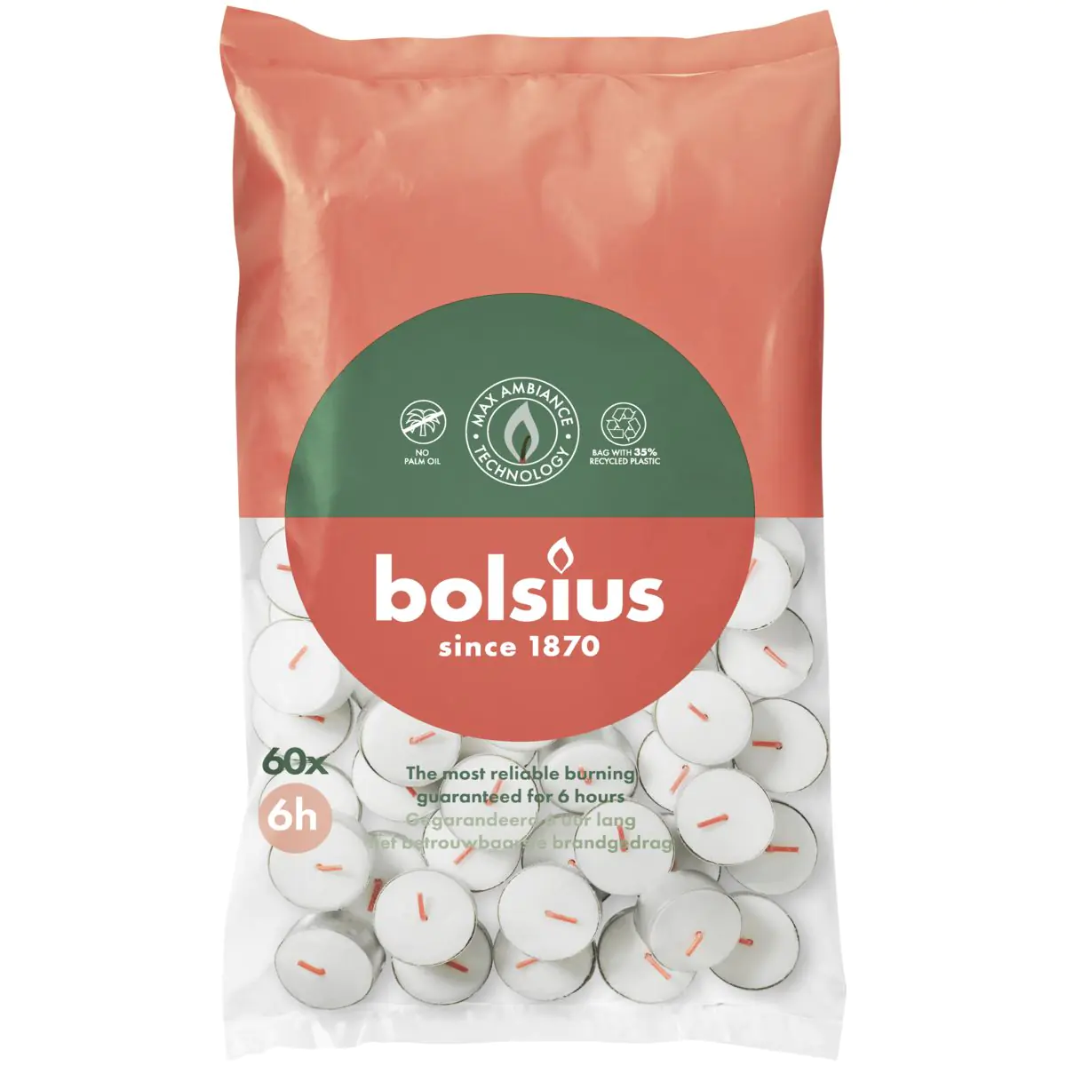 Bolsius Teelichte 6 Stunden Beutel 60 Stück weiß