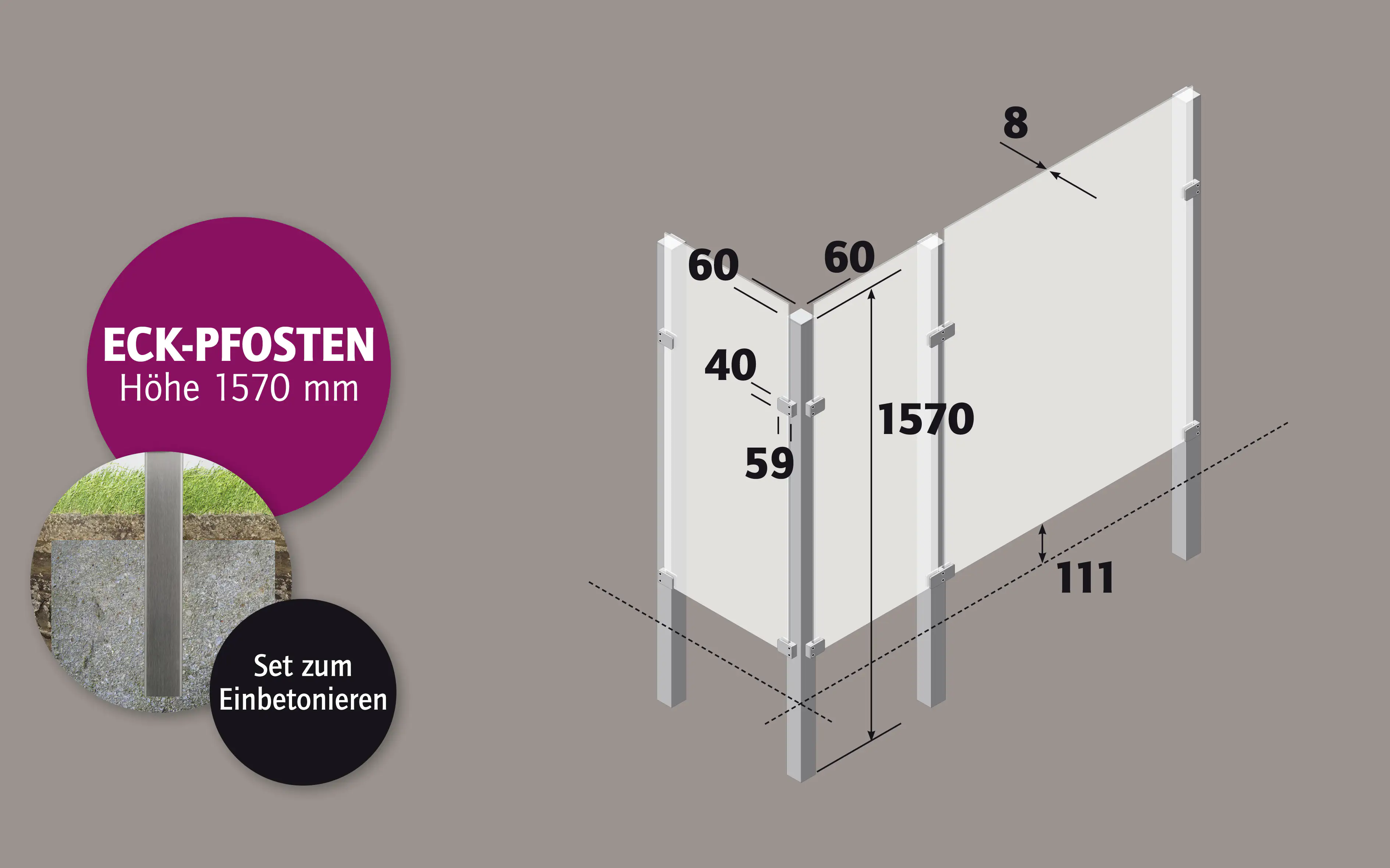 Ambiente Eckpfosten-Set zum EINBETONIEREN 157 cm, 60 x 60 mm, Edelstahl