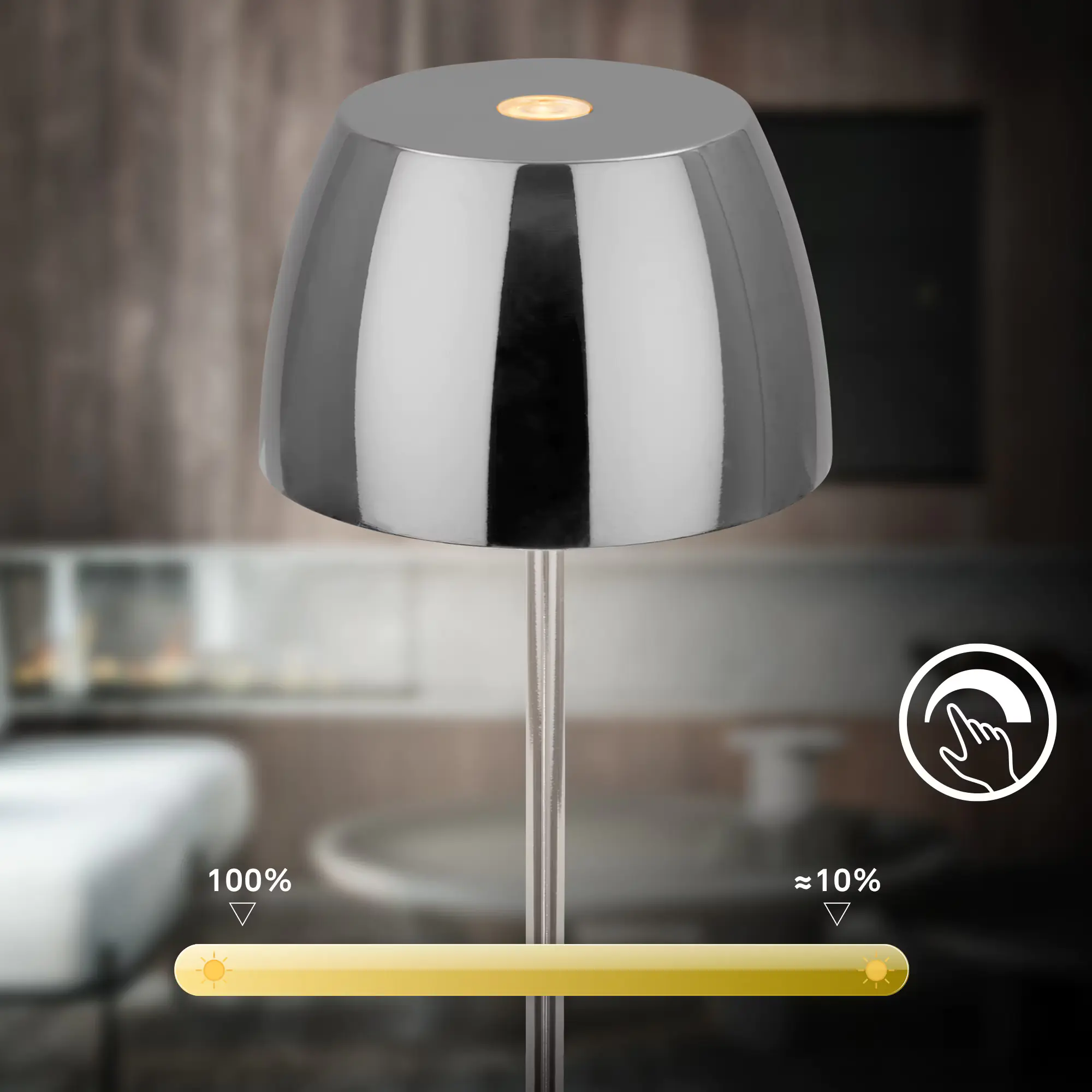 Brilloner LED-Tischlampe Serina unplugged 2,5W, dimmbar, IP44, chrom