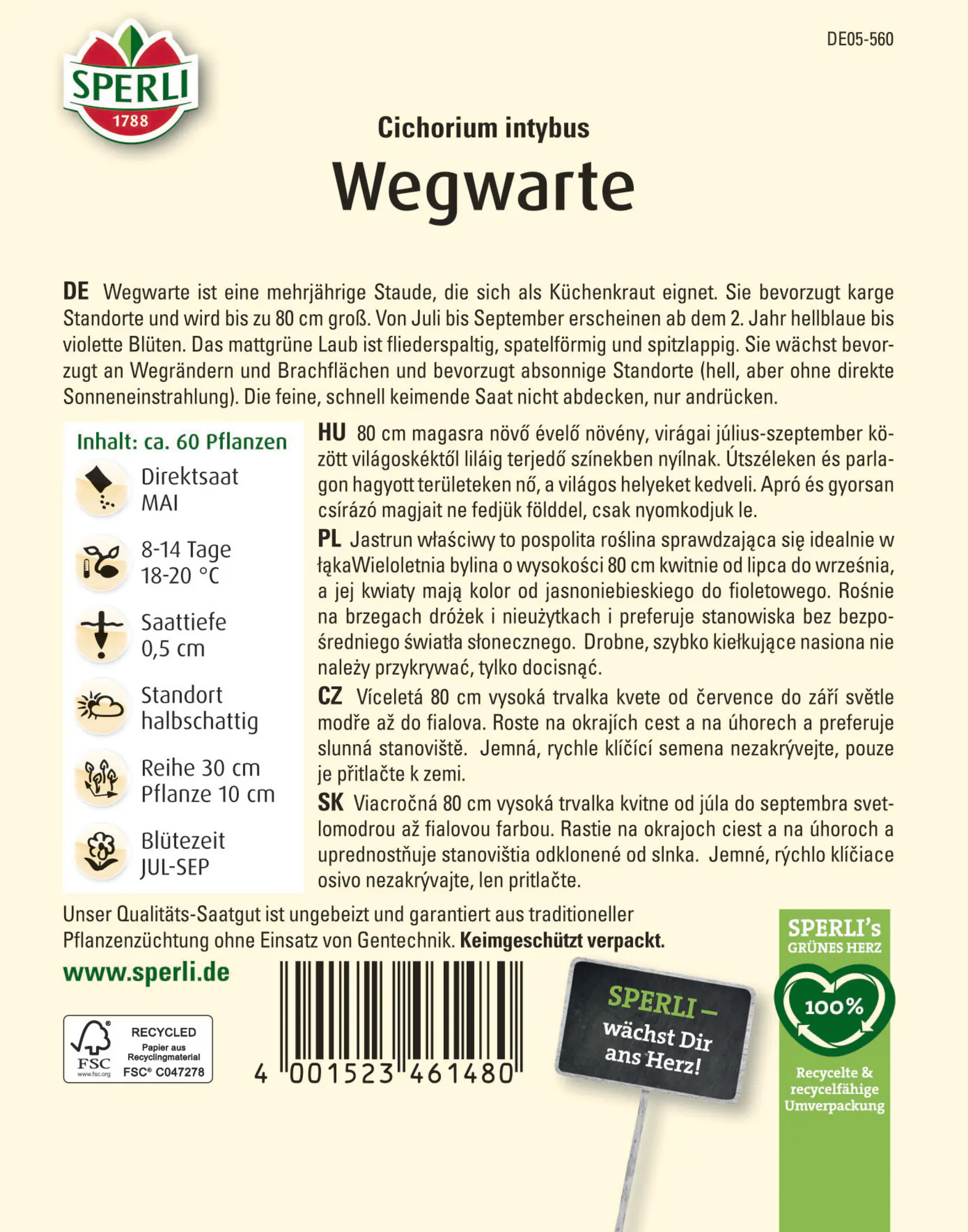 Sperli Saatgut Wegwartesamen für ca. 60 Pflanzen