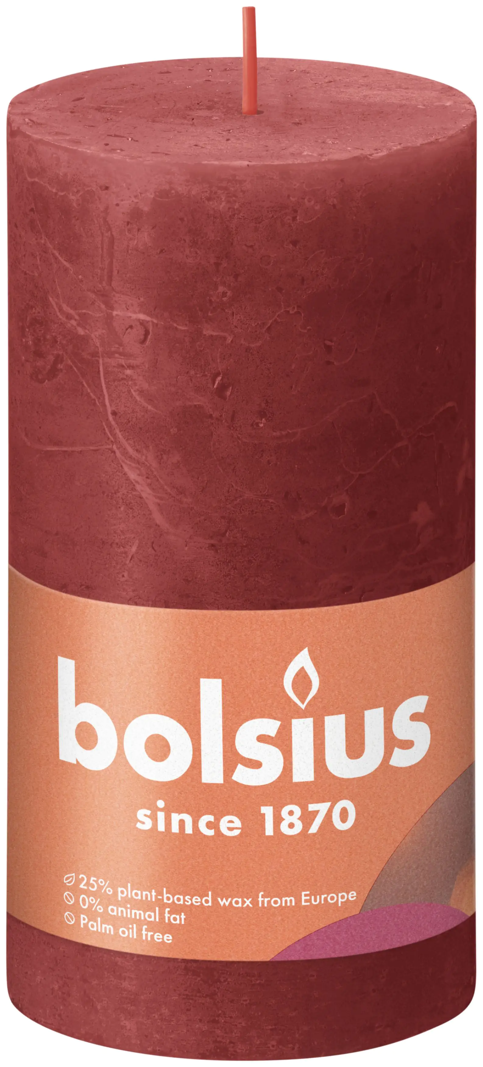 Bolsius Rustik Stumpenkerze zartes rot, Höhe: 13 cm, Ø 6,8 cm