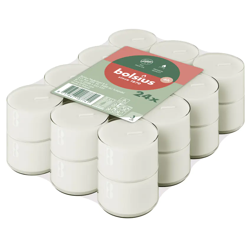 Bolsius Teelichte 24er Flatpack 6 Stunden transparenter Cup weiß