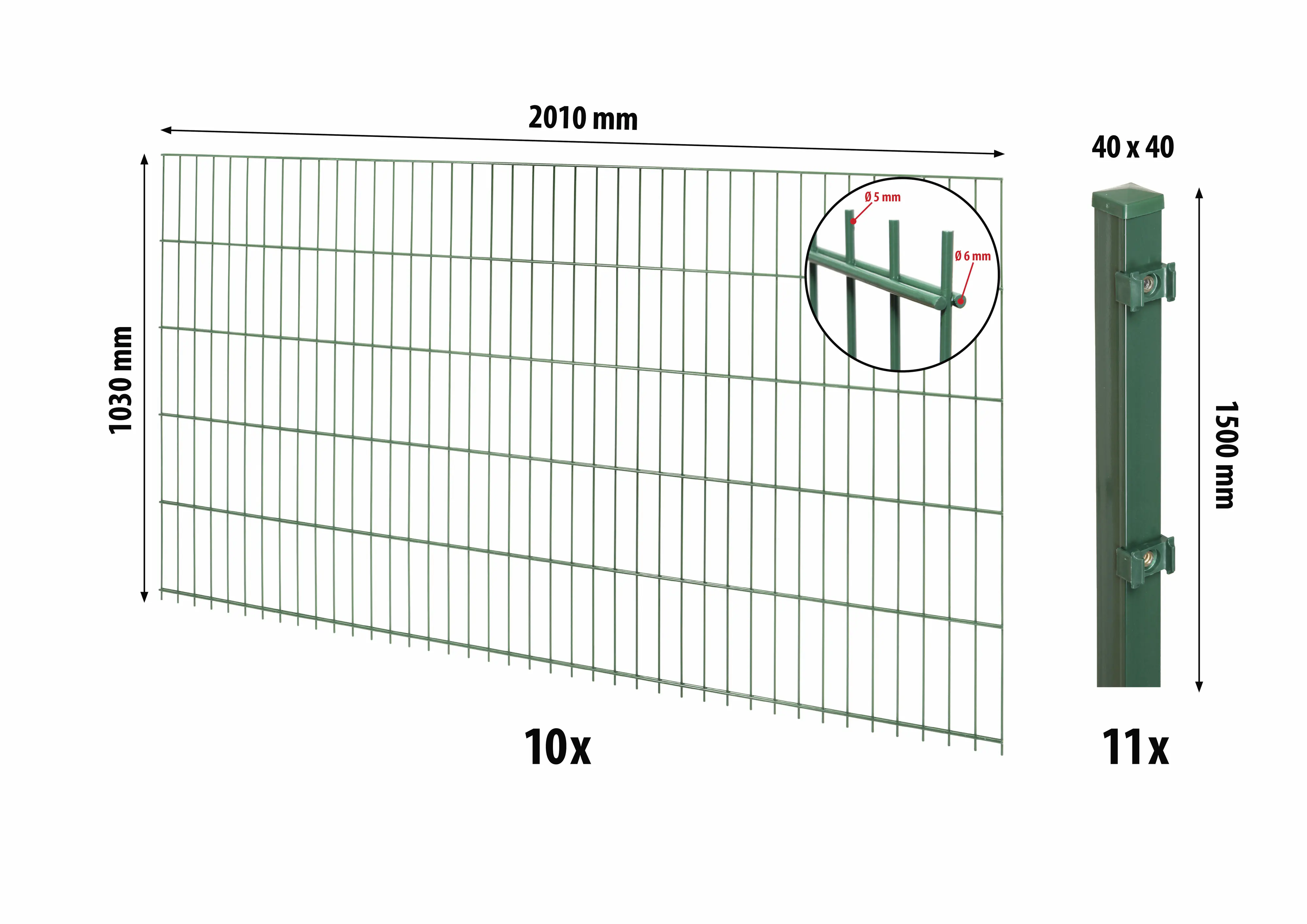 Floraworld Doppelstabmatten-Zaun Set Comfort 20 m 201 x 103 cm inkl. 11 Pfosten 150 cm moosgrün