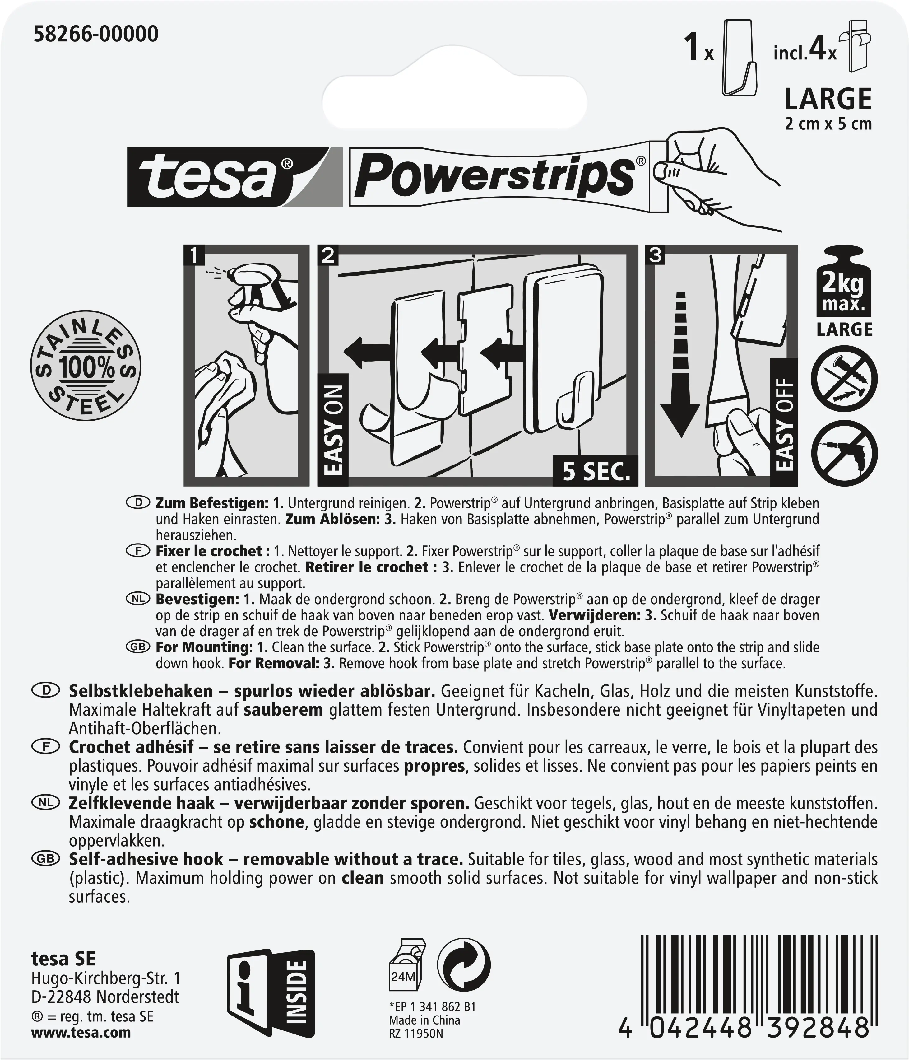tesa Powerstrips Haken Large rechteckig, Edelstahl