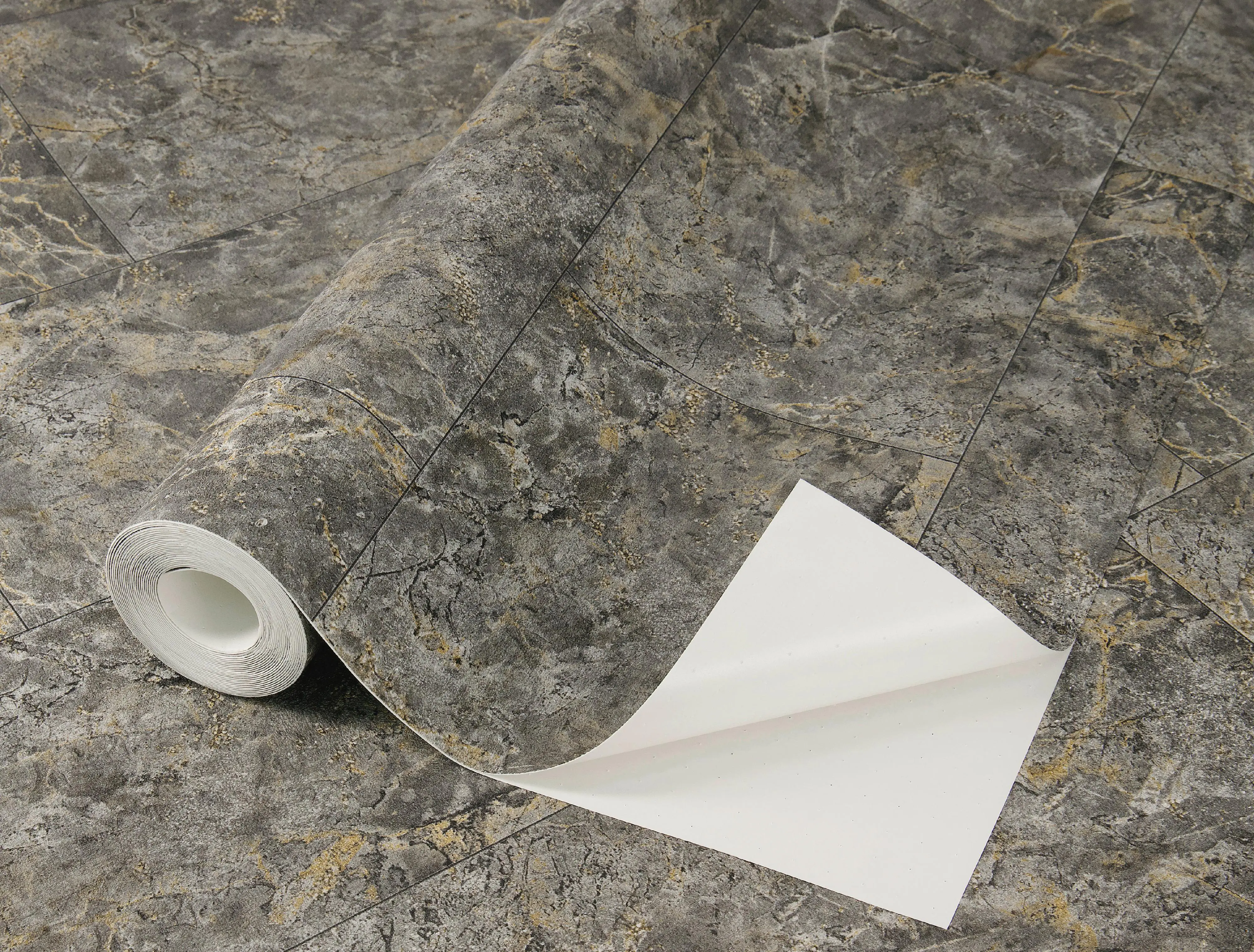 Tesa x Rasch selbstklebende Tapete Luxora Marmor Beton dunkelgrau gold 6 x 0,53 m