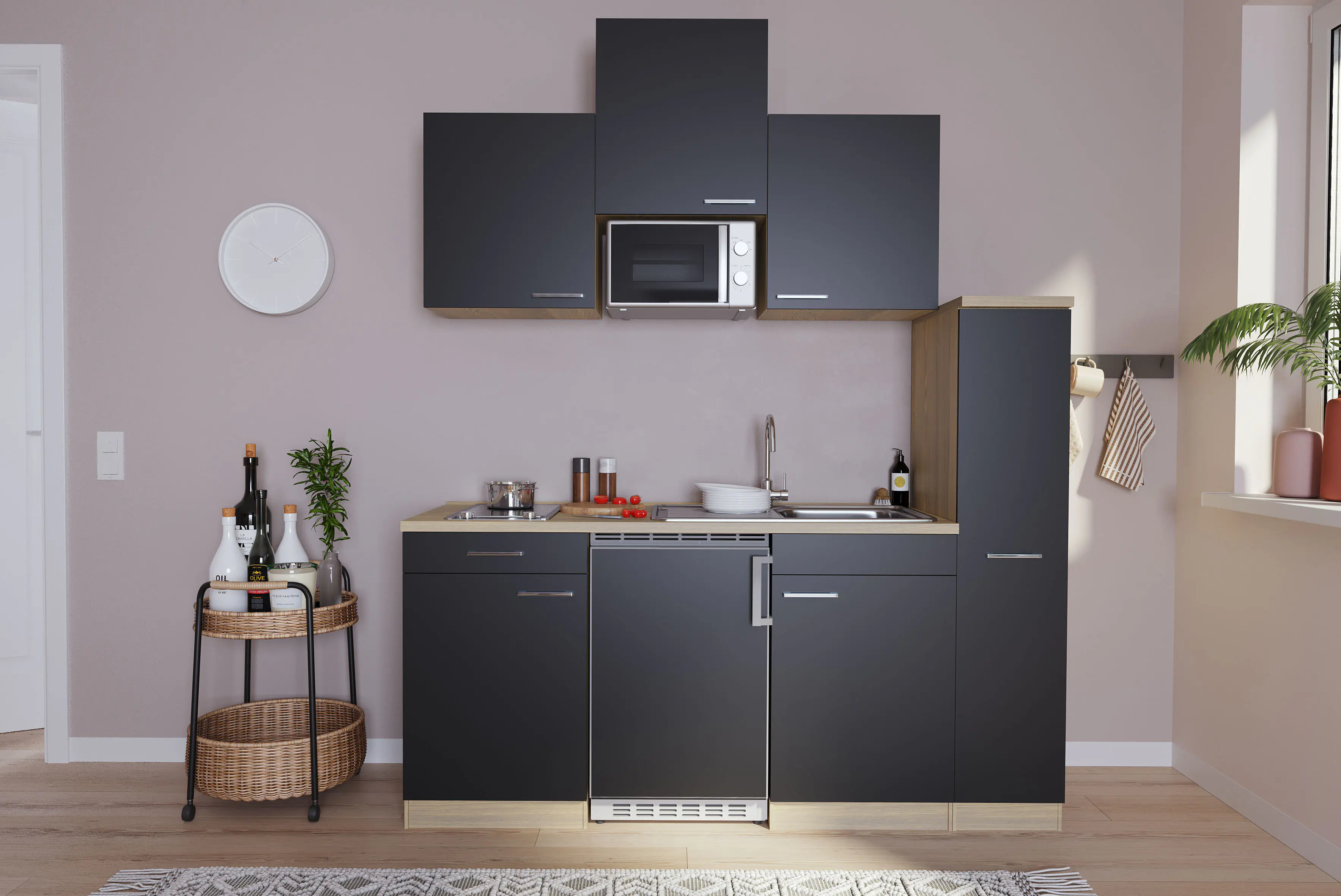 Respekta Economy Küchenblock 180 cm schwarz, Eiche Sonoma, KB180ESSMIC