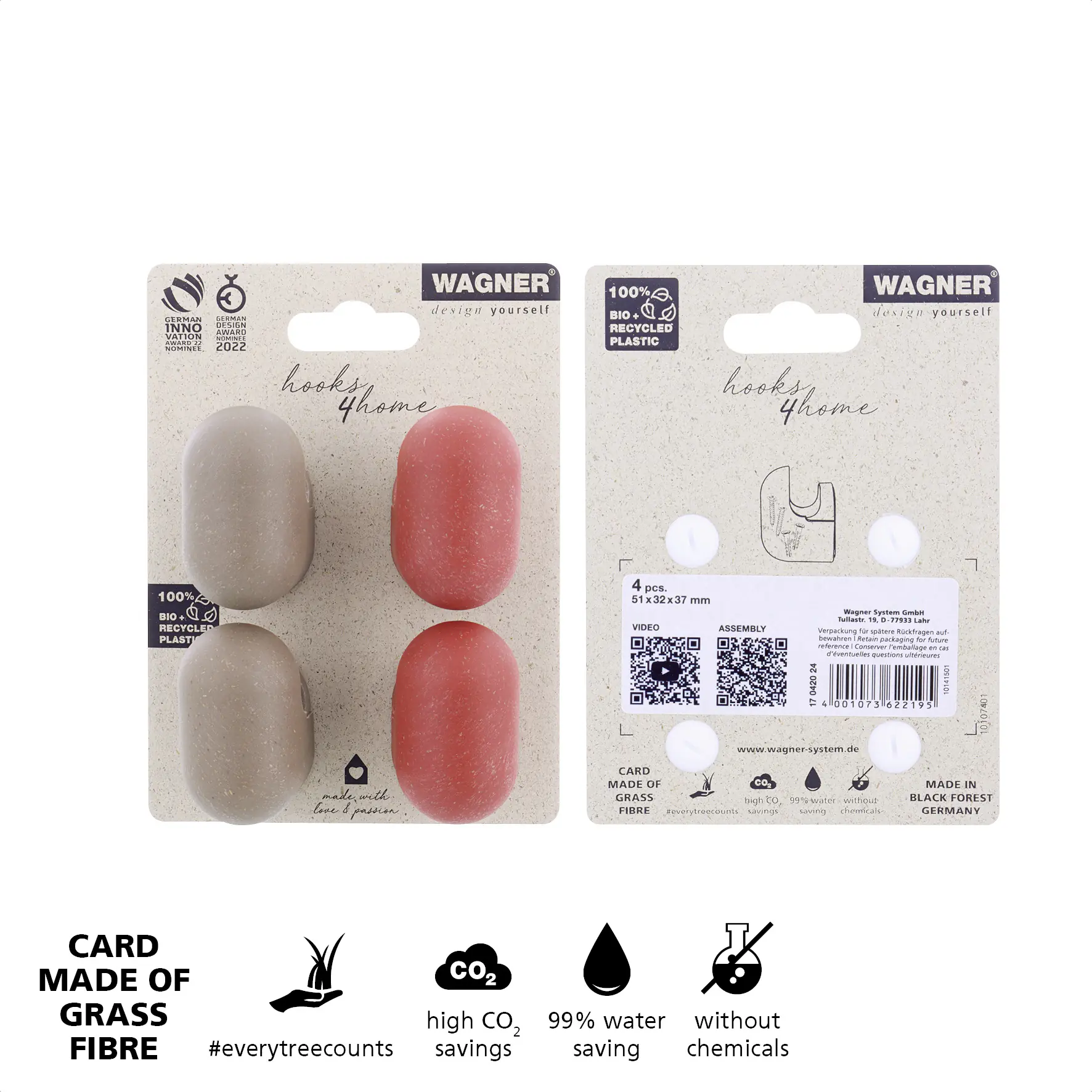 Wagner Wandhaken-Set hooks4home Pill Tragkraft bis 2 kg Kunststoff taupe korallenrot 4 Stück