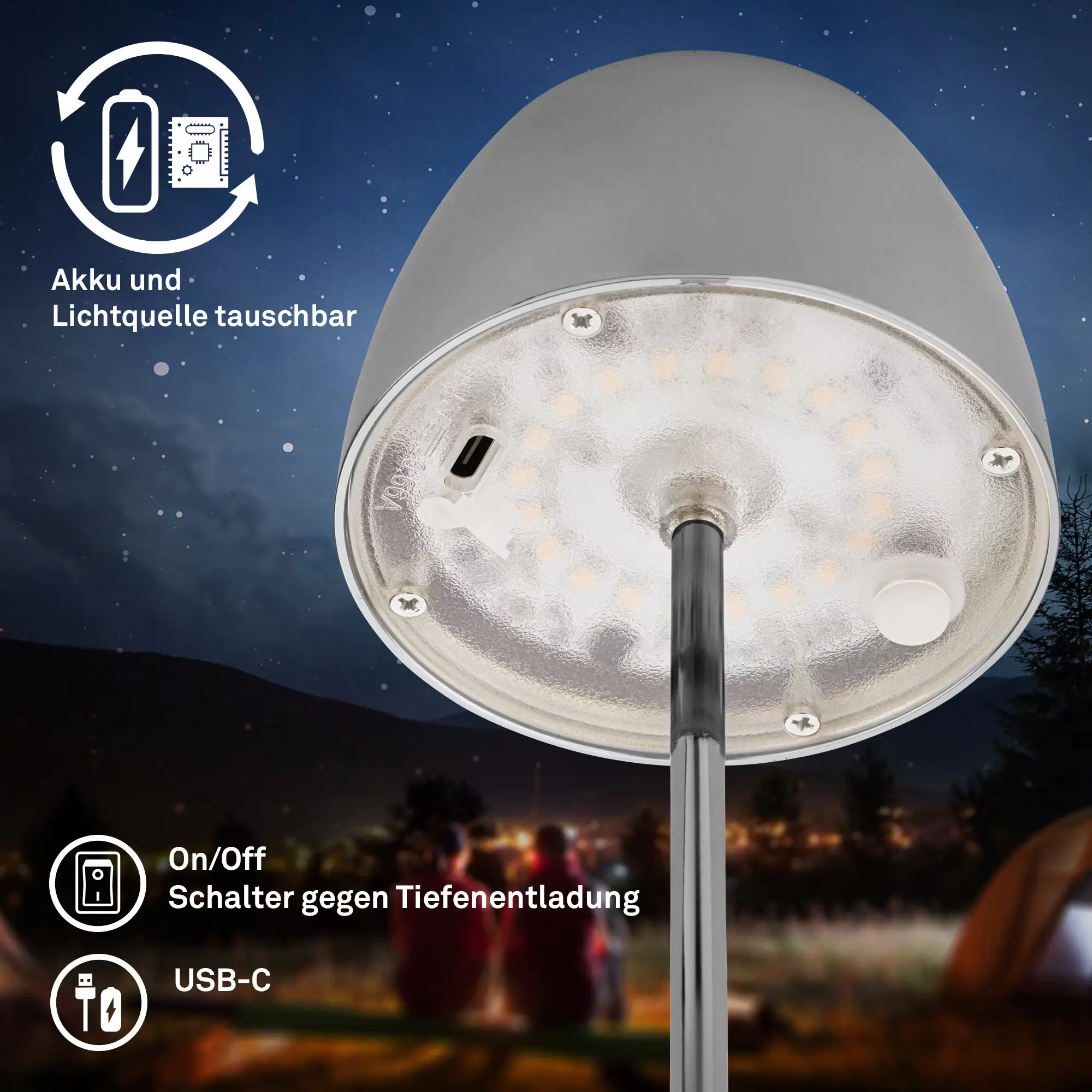 Brilloner LED-Tischlampe Serina unplugged 2,5W, dimmbar, IP44, chrom