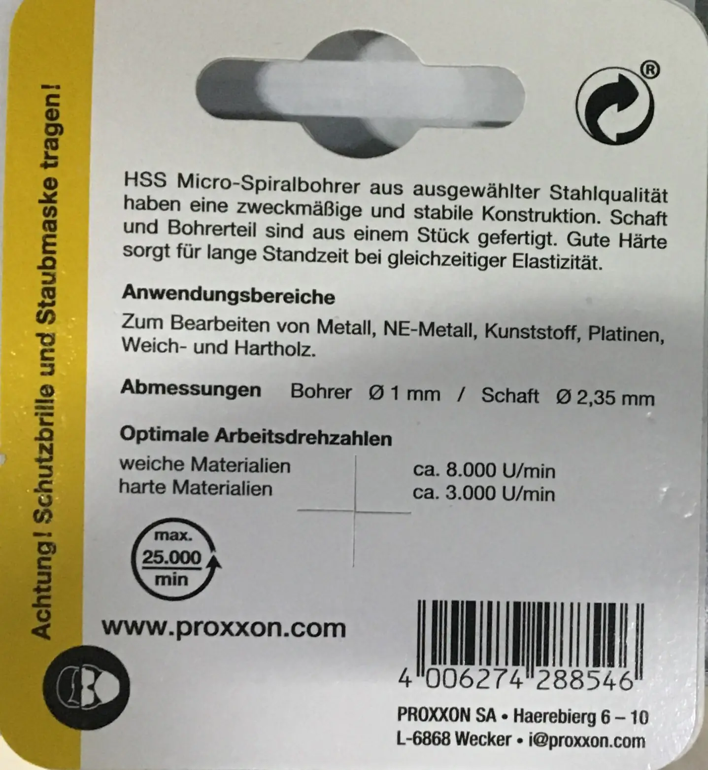 Proxxon Micromot Mikro-Spiralbohrer 1 mm 3 Stück