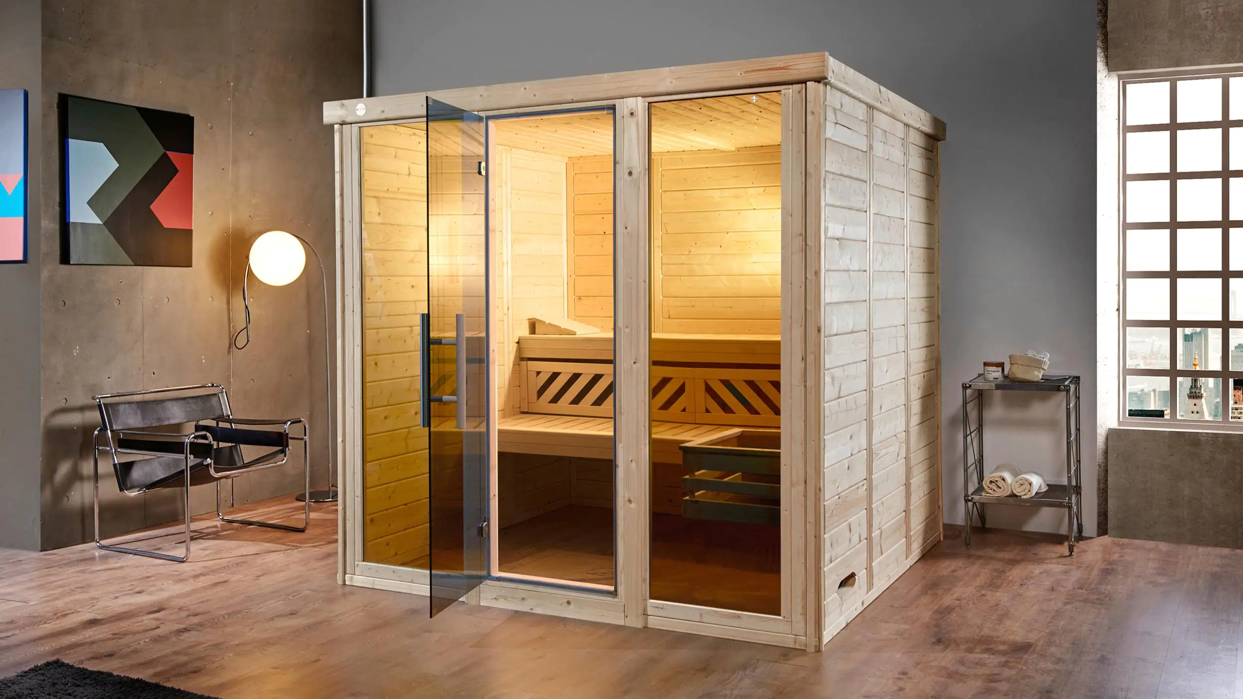 Weka Massivholz-Elementsauna Kemi Panorama 3, BIO OS Ofen, 2 Fenstern und Saunaofen