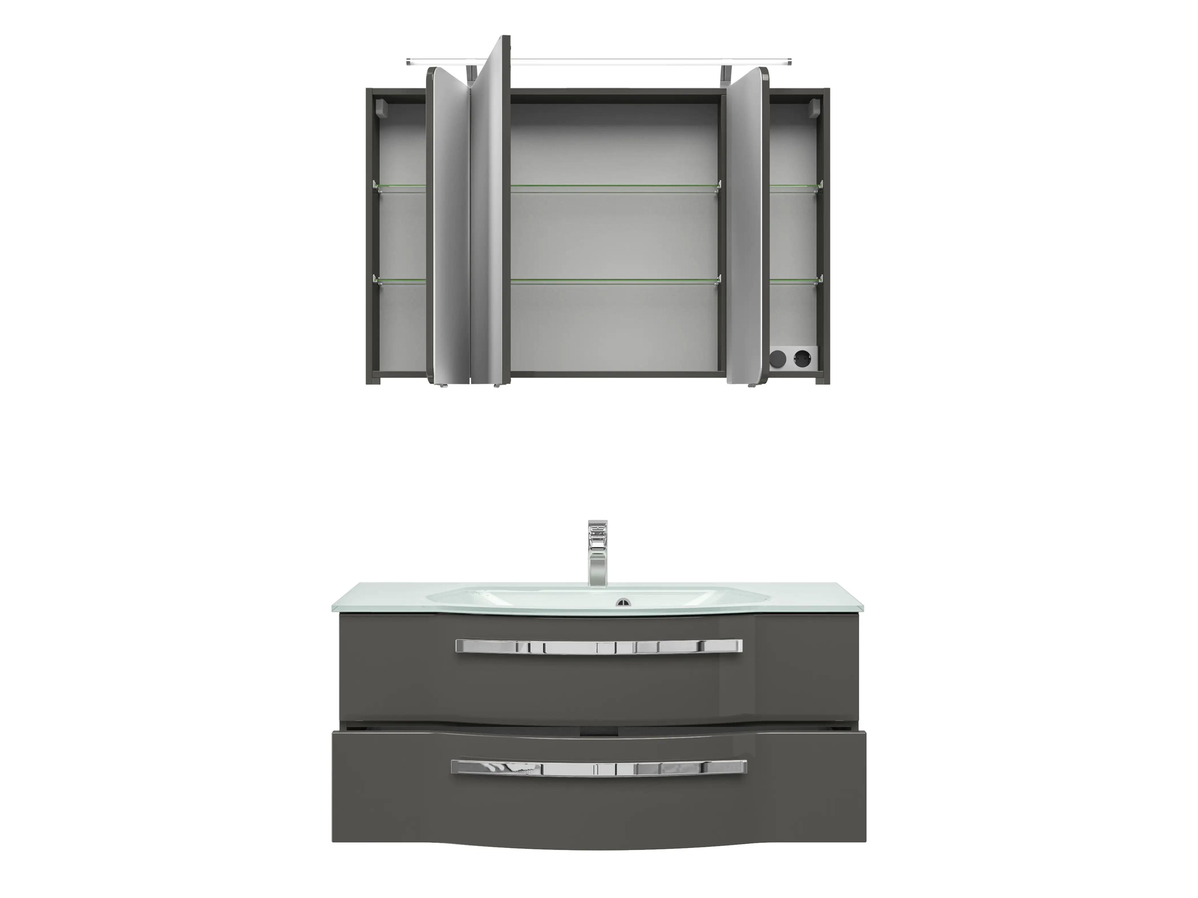 Pelipal Badmöbel-Set 4005 Lack steingrau Hgl mit Glas-Waschtisch + LED-Leuchte 120 cm