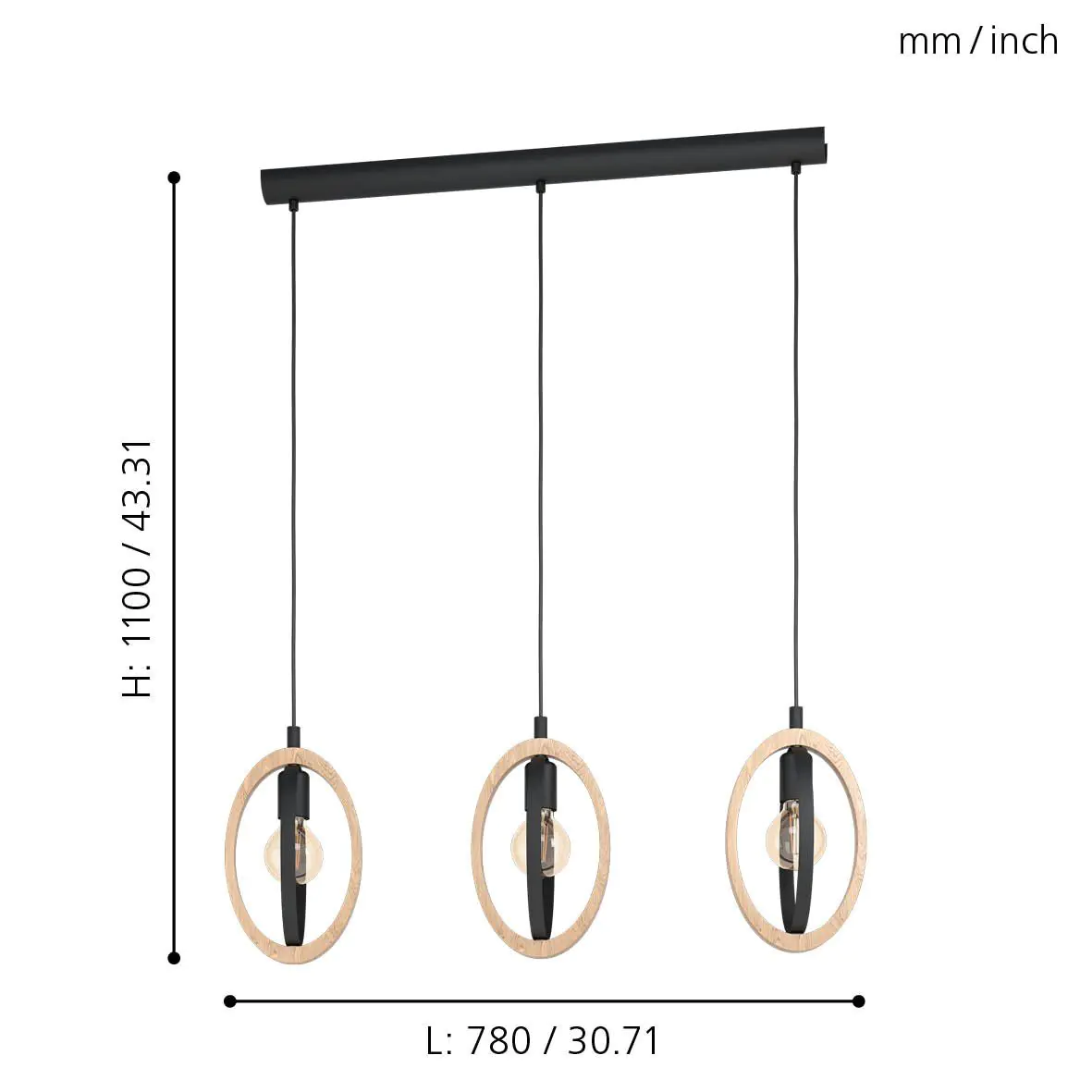 Eglo 3er Pendelleuchte Basildon schwarz-braun 78 x 16 cm E27, max. 60 W