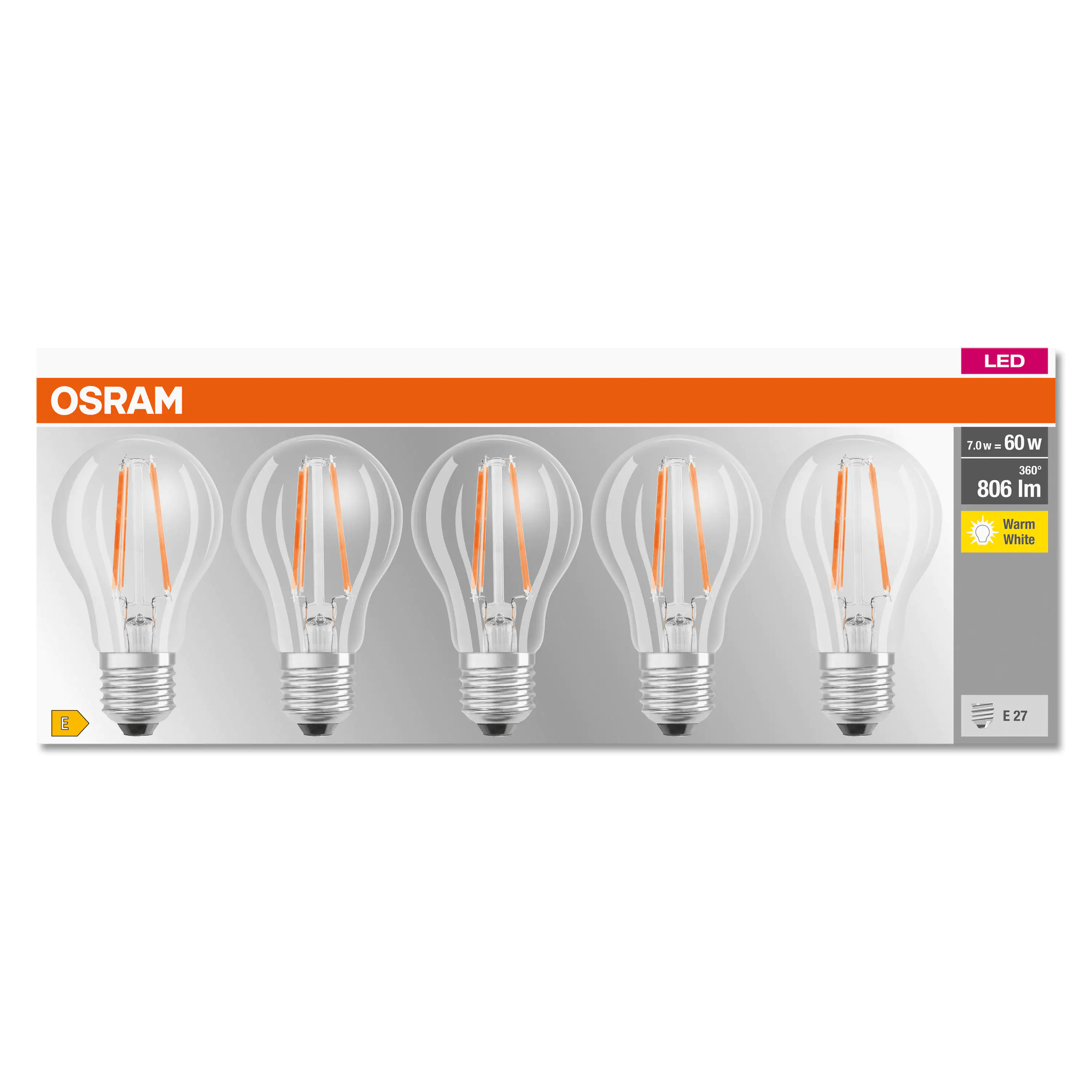Osram LED-Leuchtmittel Classic A 60 E27 6W 5er Pack warmweiß, klar