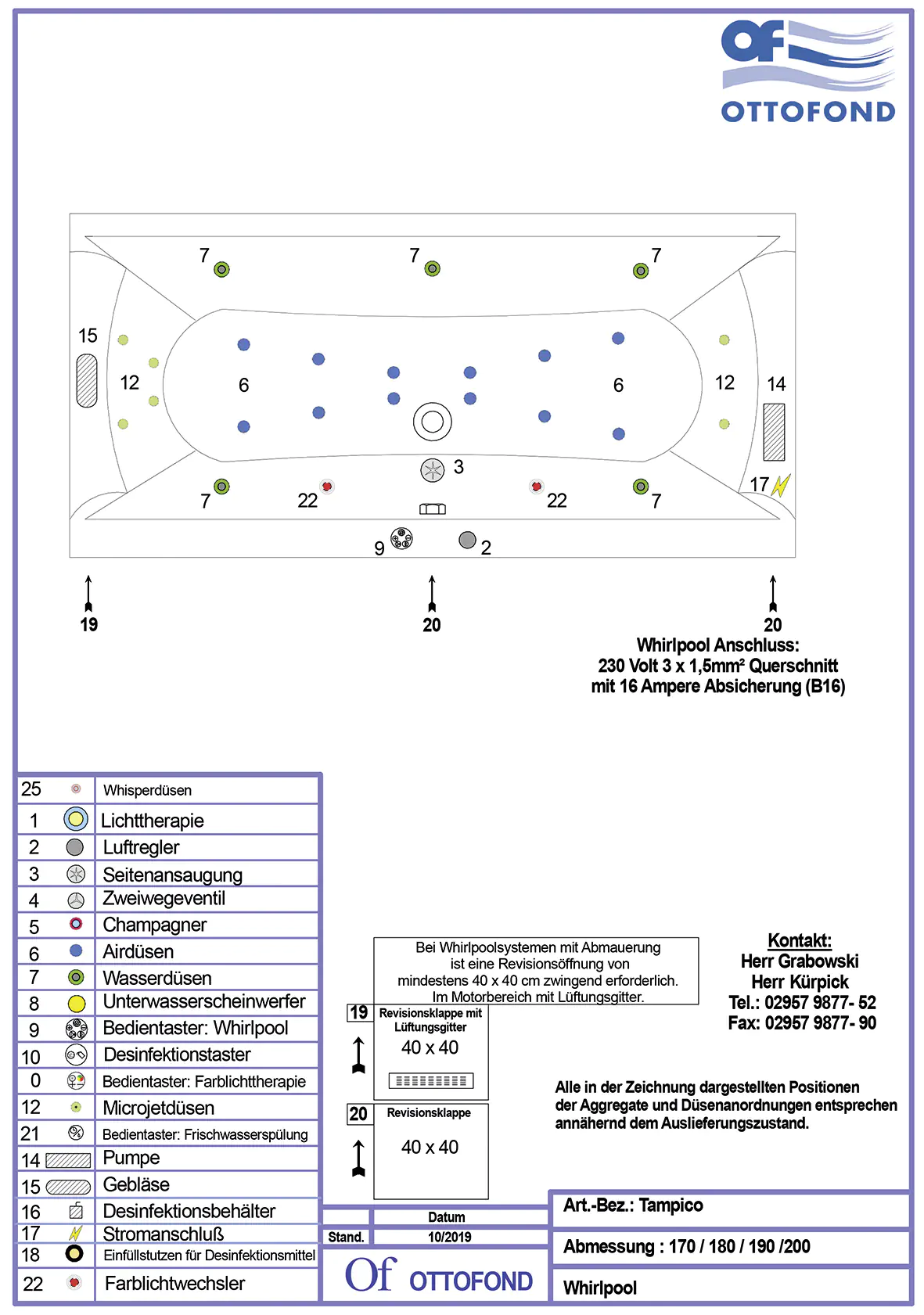 Ottofond Whirlpool Tampico 180 x 80 cm, weiß, mit 2 LED Farblichtwechslern