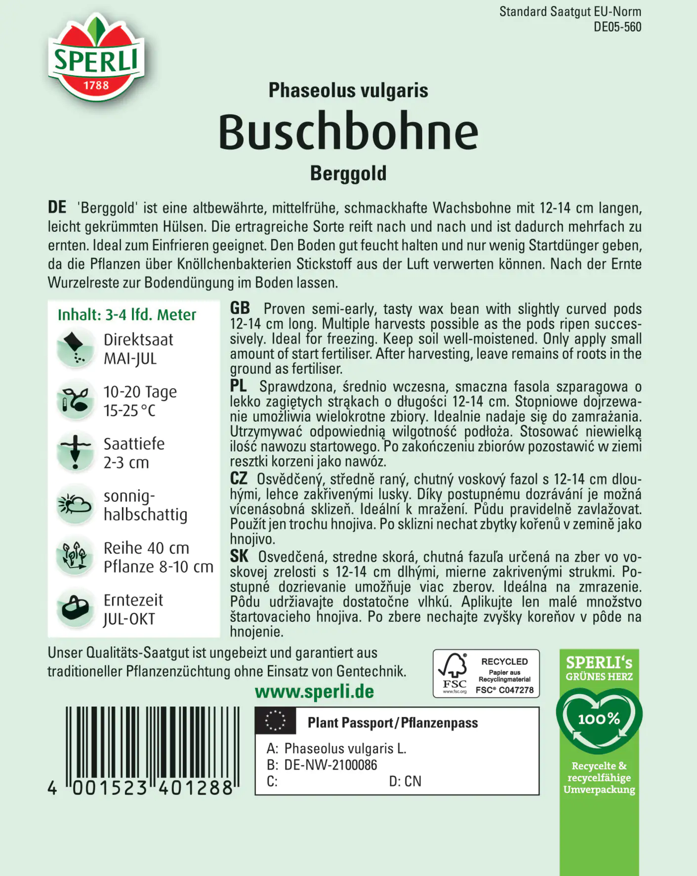 Sperli Buschbohne Berggold