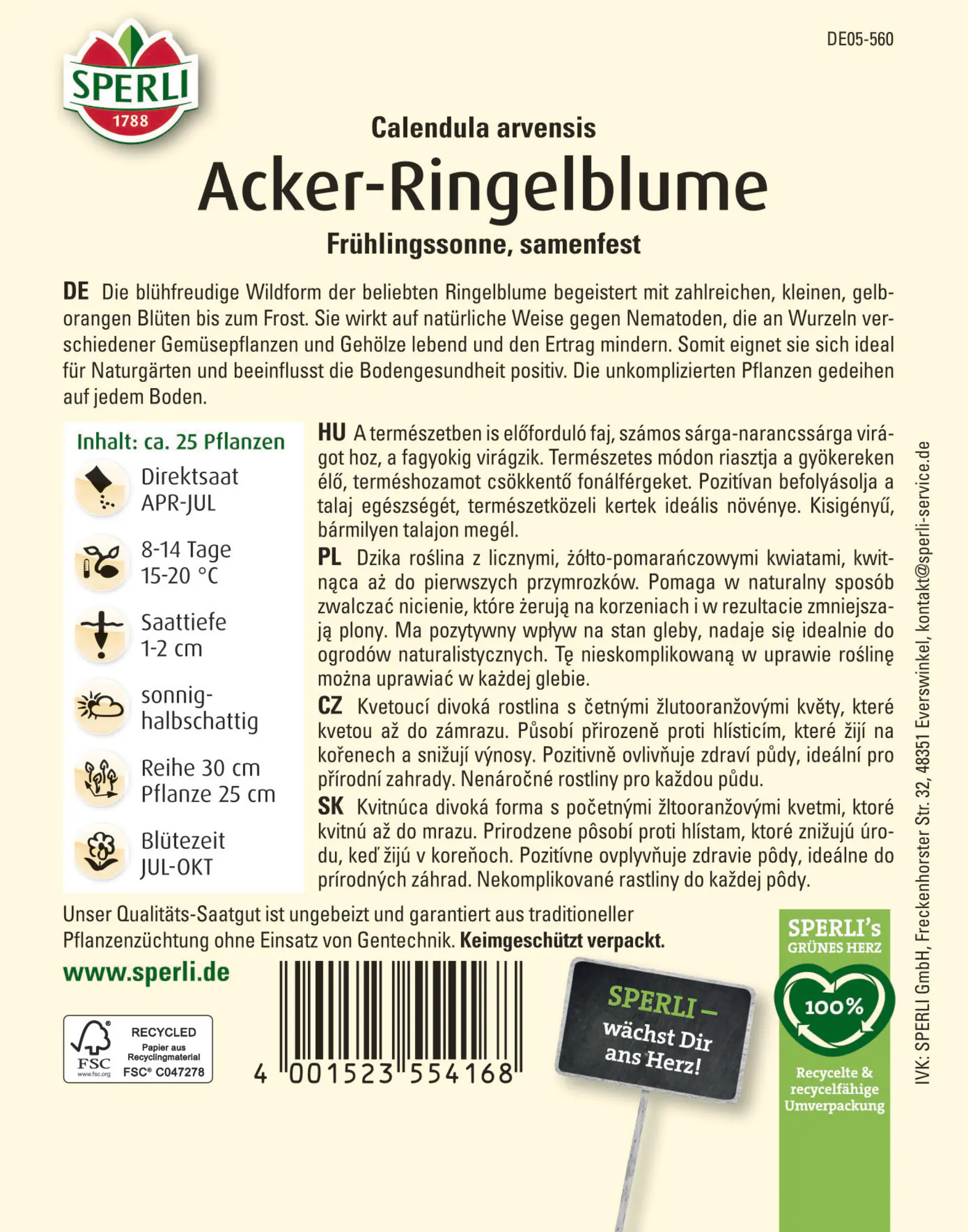 Sperli Saatgut Acker-Ringelblumen Frühlingssonne für ca. 25 Pflanzen
