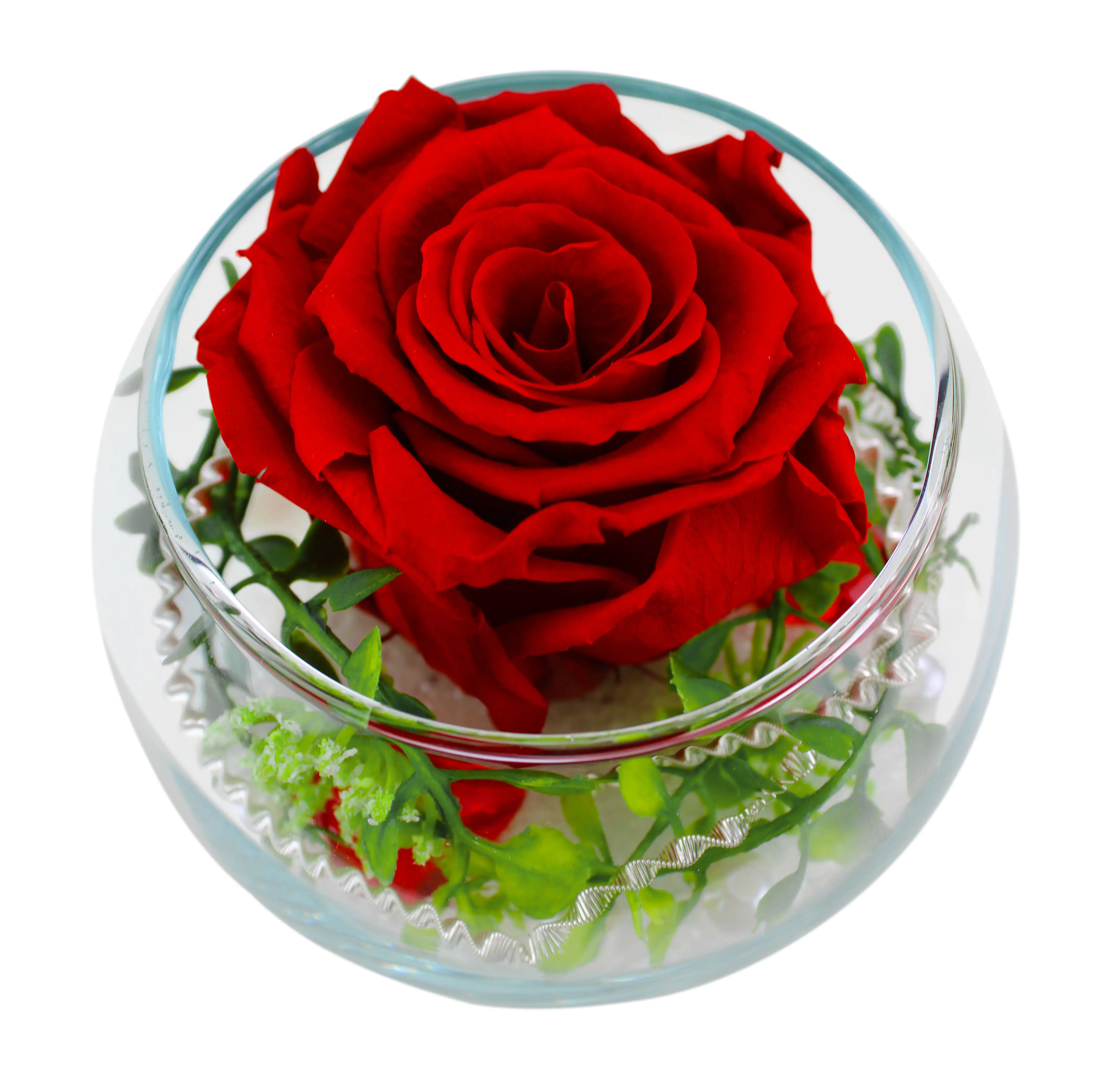 Arrangement Langzeitrose "Long Life", rot im Whiskeyglas mit Deko