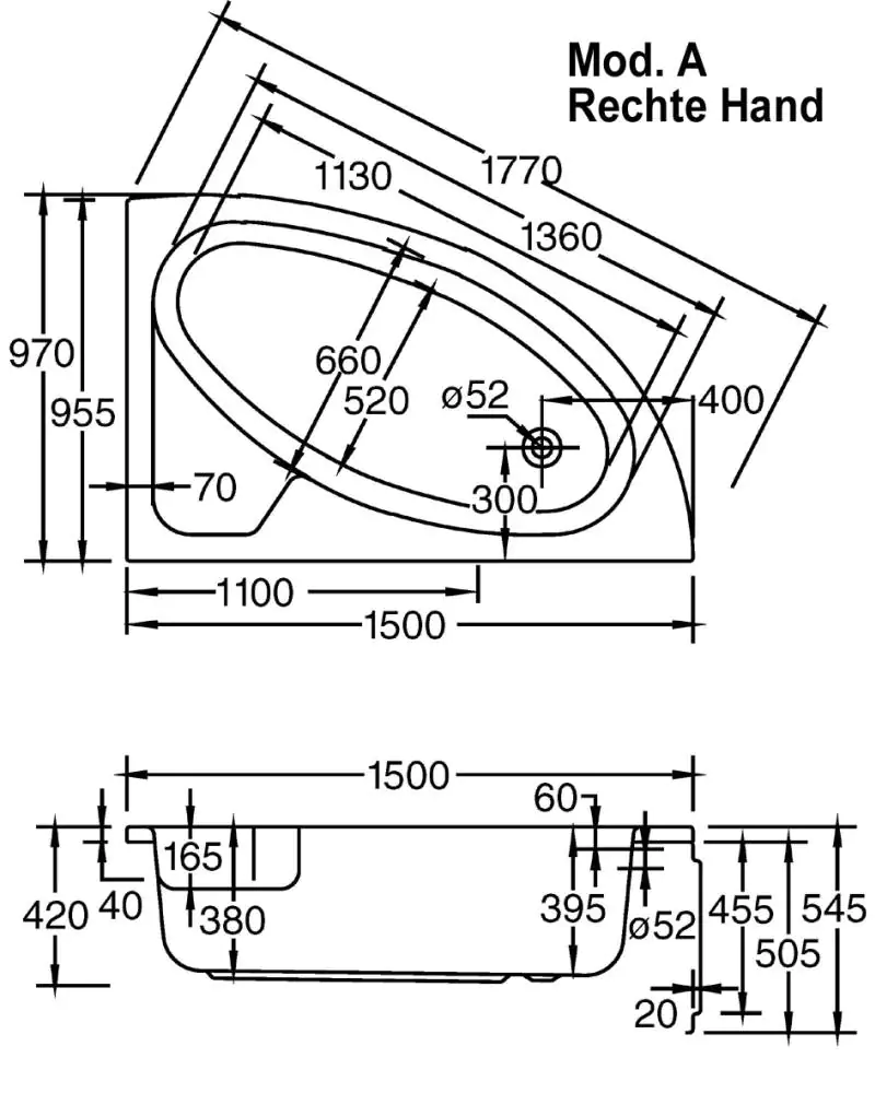 Ottofond Badewanne Salinas 150 x 97 cm, weiß, Modell A