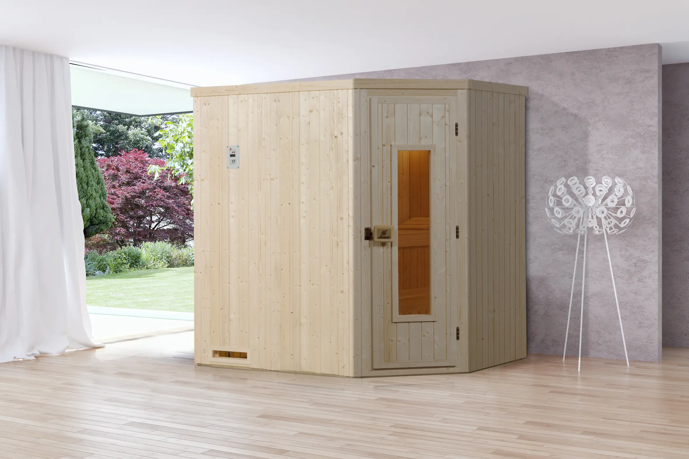 Weka Element-Ecksauna Varberg 1 mit Holztür