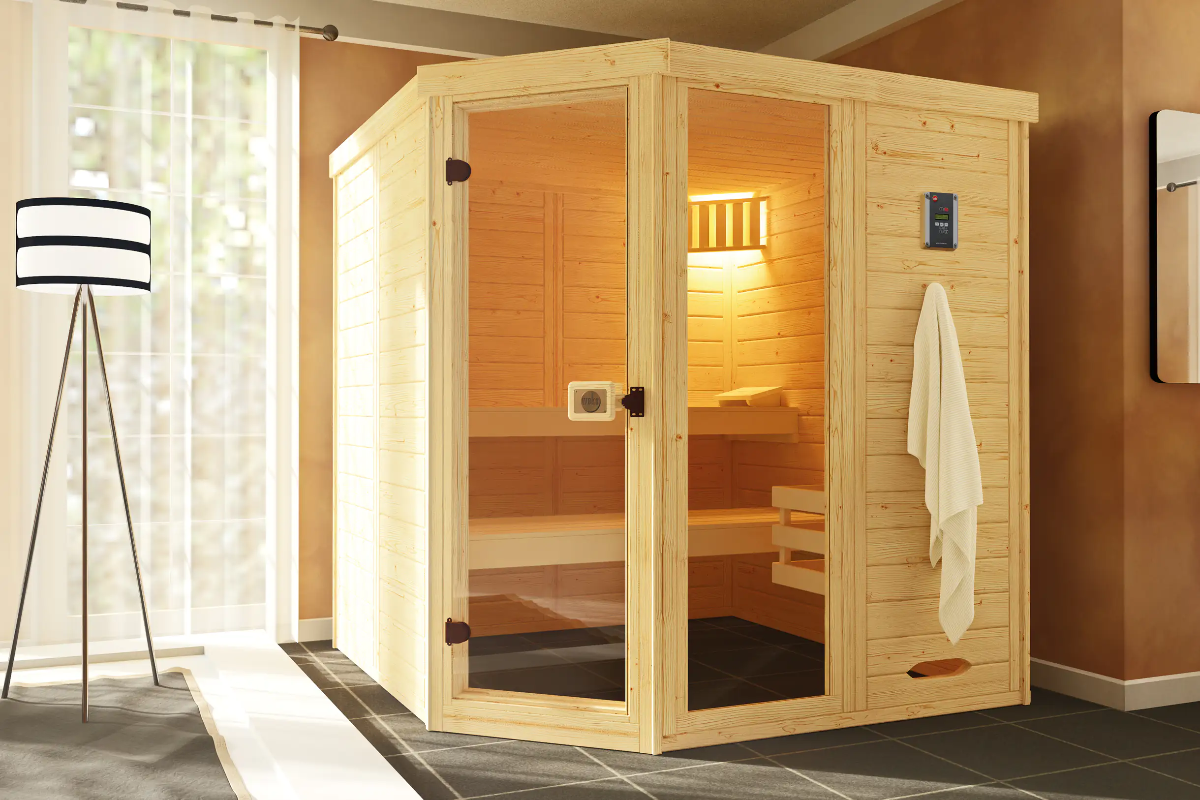 Weka Massivholz-Element-Sauna Laukkala 3 mit Glastür und Fenster