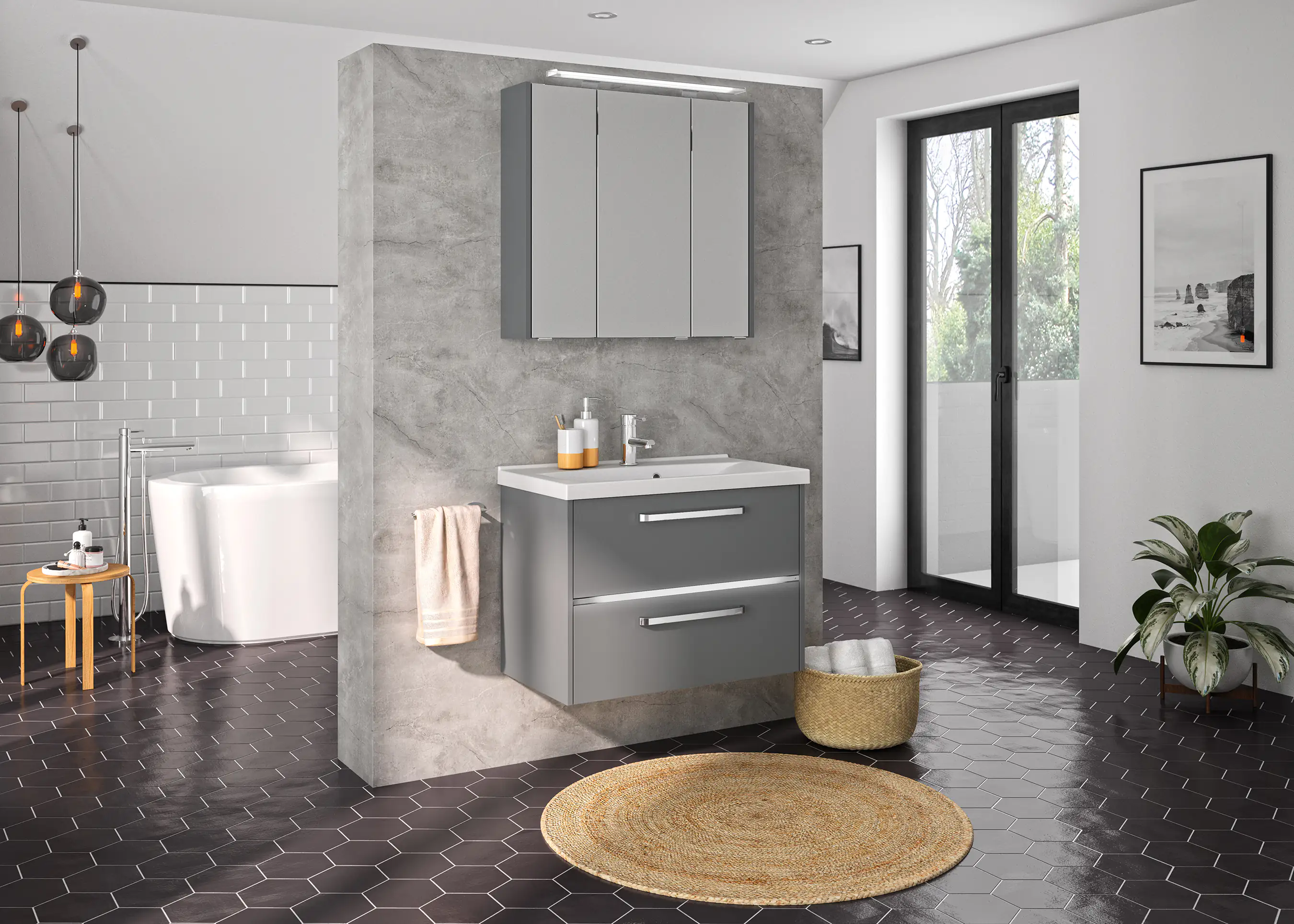 Primaster Badmöbel-Set Berlin grau 77 cm LED-Leuchten, Mineralgusswaschtisch