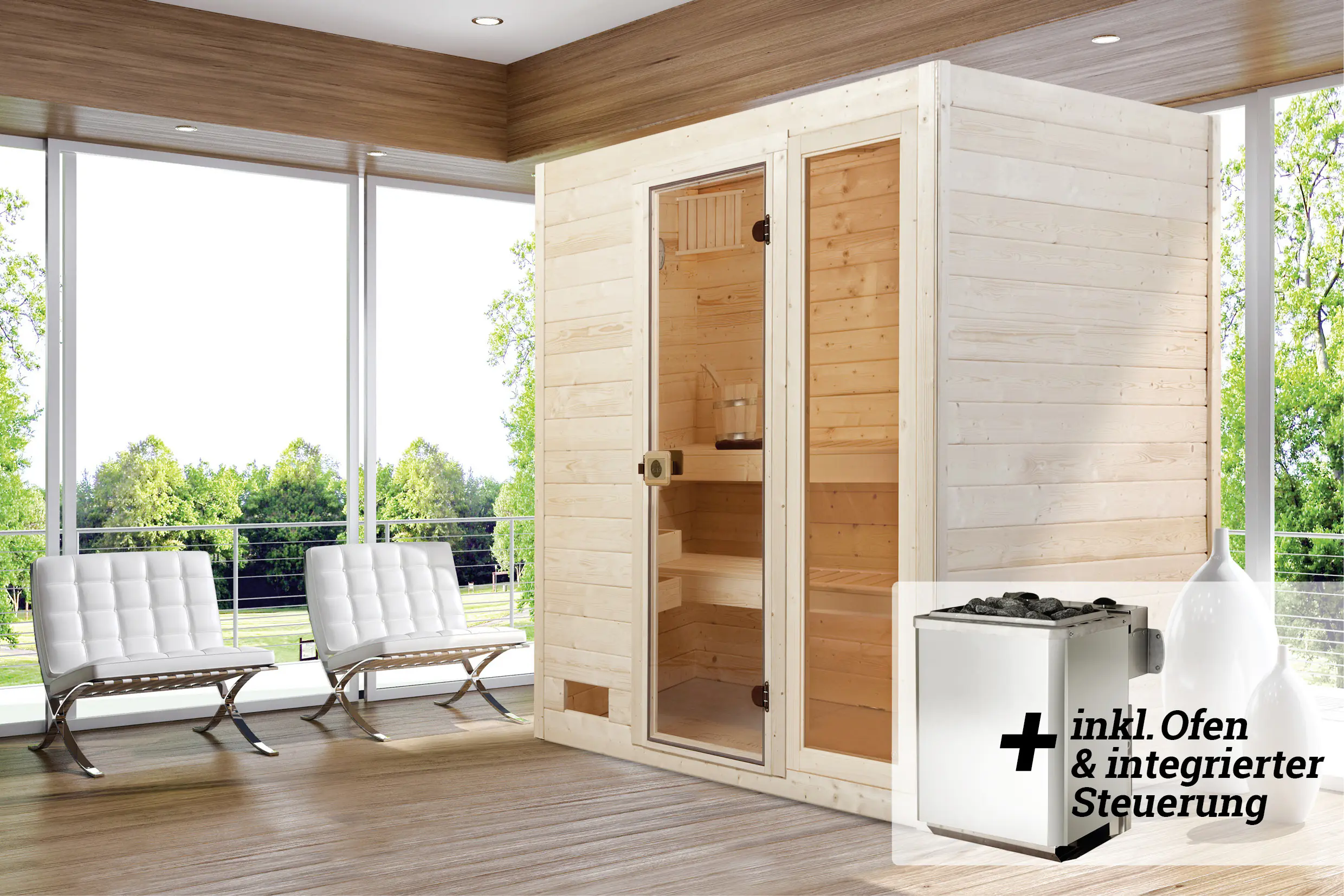 Weka Massivholz-Sauna Valida Gr. 3 Sparset Glastür und Fenster 9,0 kW 