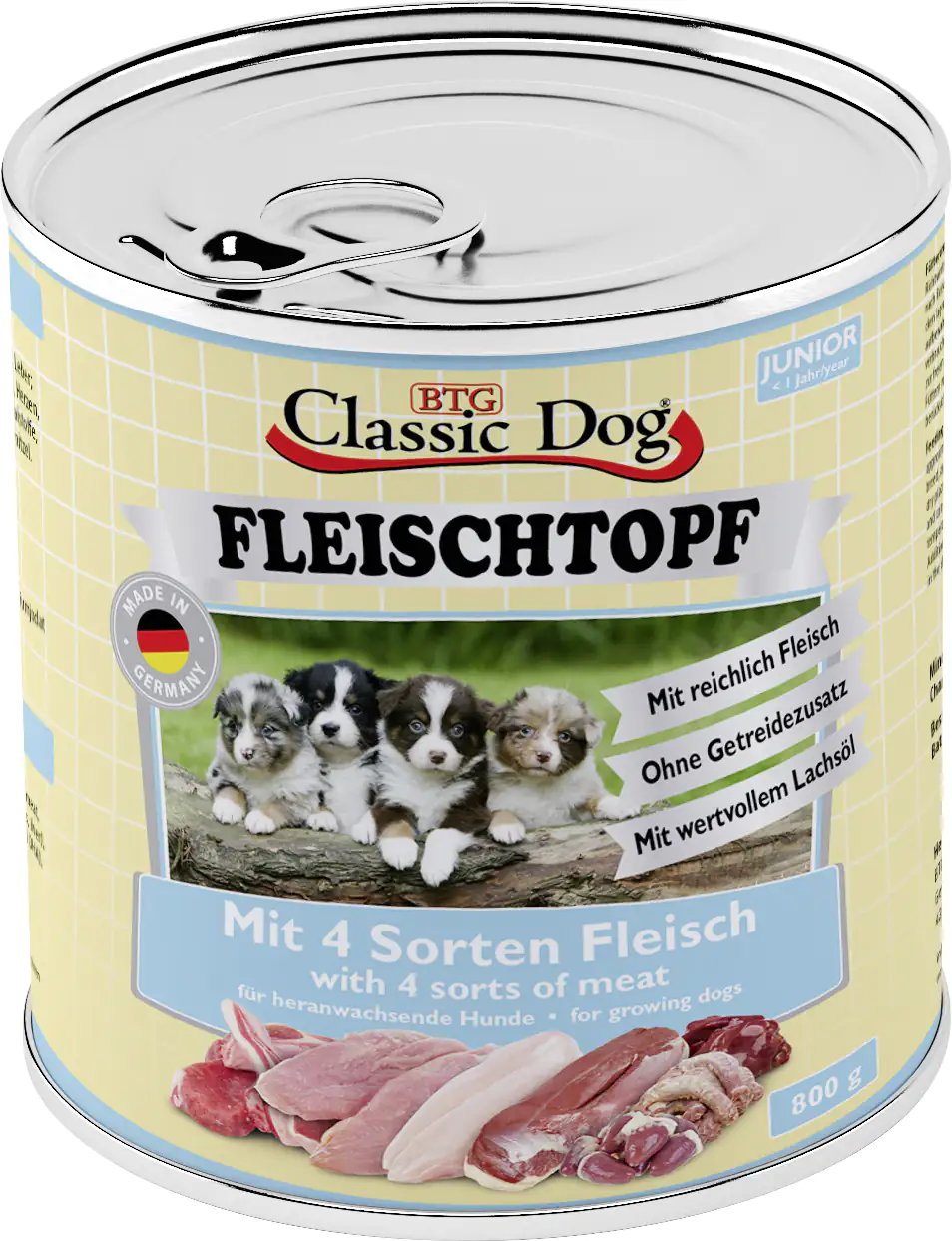 Classic Dog Hundenassfutter Fleischtopf Junior getreidefrei 800 g 4 Fleischsorten