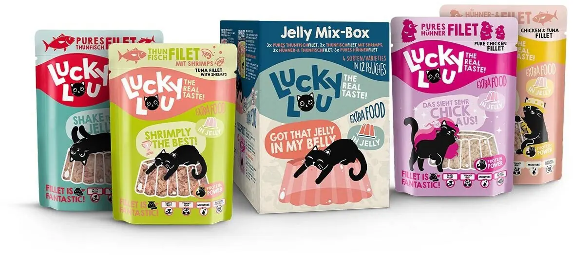 Lucky Lou Extrafood Katzennassfutter Adult getreidefrei 12 x 70 g Jelly-Mix-Box